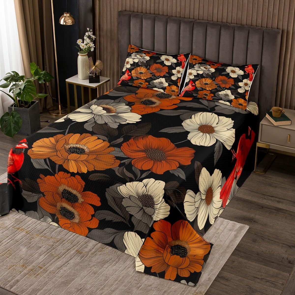 Erosebridal Boho Floral Coverlet King Size Chic Cardinal Bird Bedding Set for Kids Teens Adults, Hippie Flower Bedspread Set Tropical Leaves Quilt Set, Modern Farmhouse Bed Set