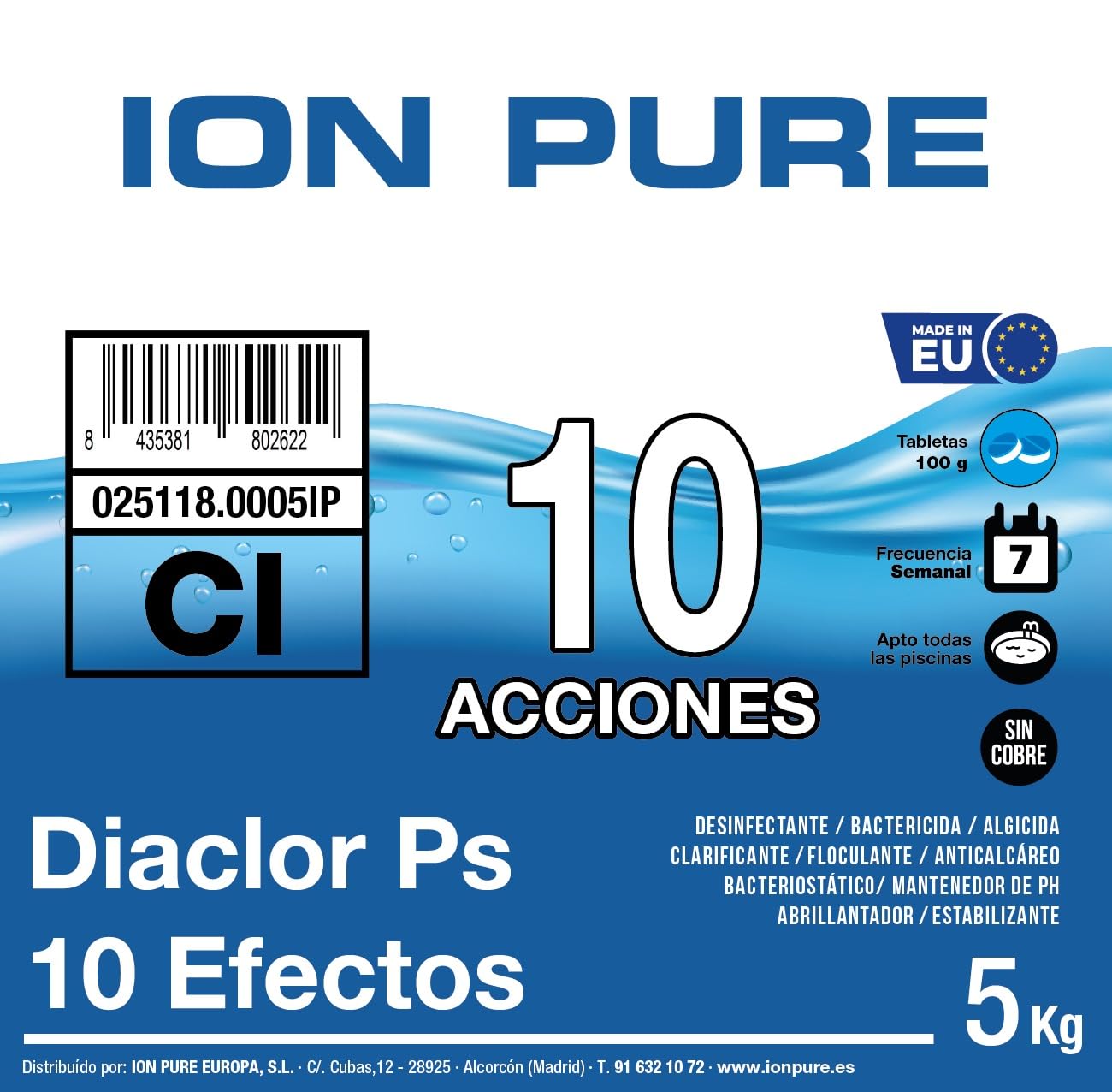 Cloro Total para Piscinas DIACLOR PS 10 Efectos 5 KG - 50 Pastillas de Cloro Multiacción (100 gr) - Tratamiento Profesional Completo