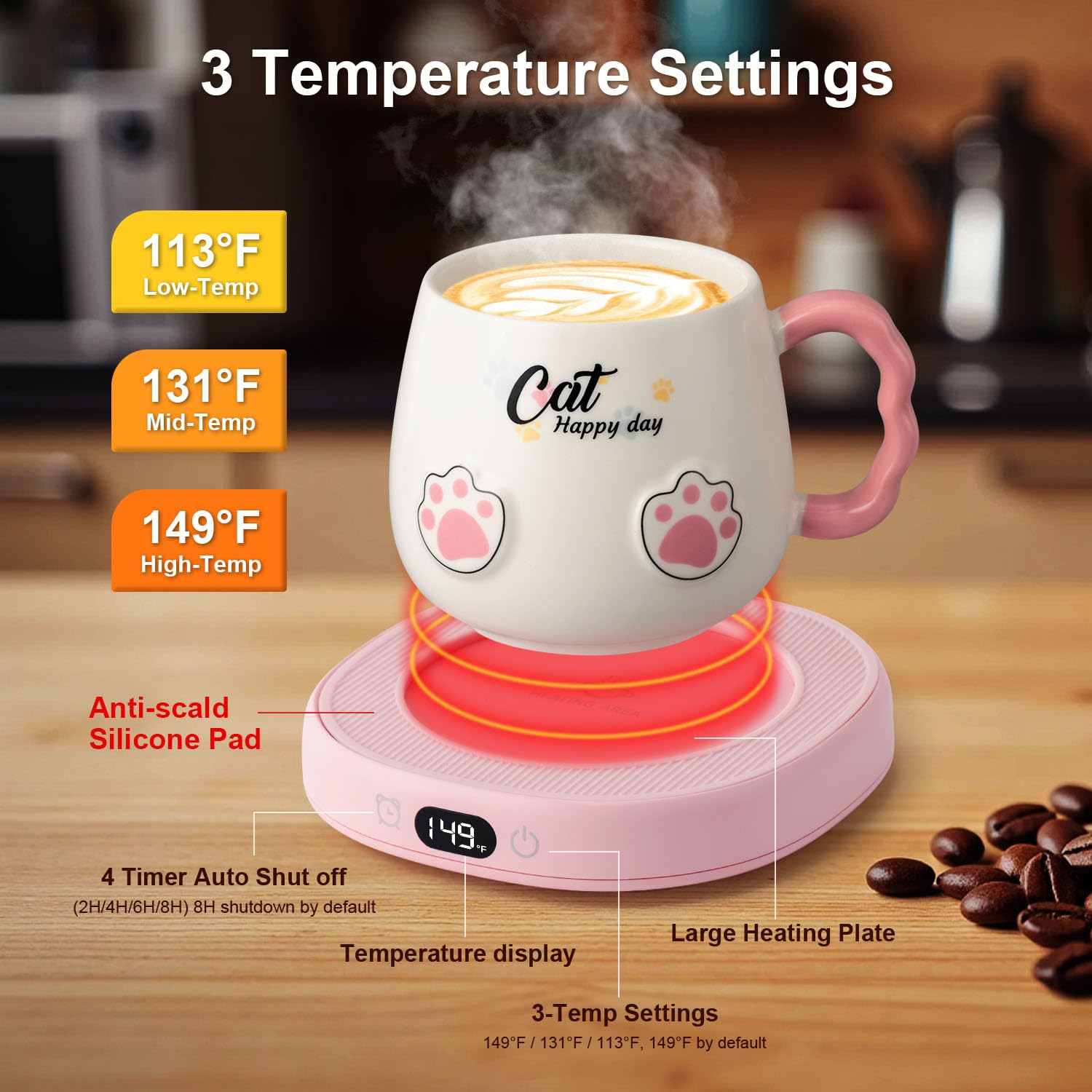 Bsigo Chauffe-tasse intelligent et tasse à café mignon en forme de chat pour bureau, maison, bureau, plaque chauffe-bougie pour cacao, lait, thé, eau avec 3 températures jusqu'à 65 ℃, arrêt