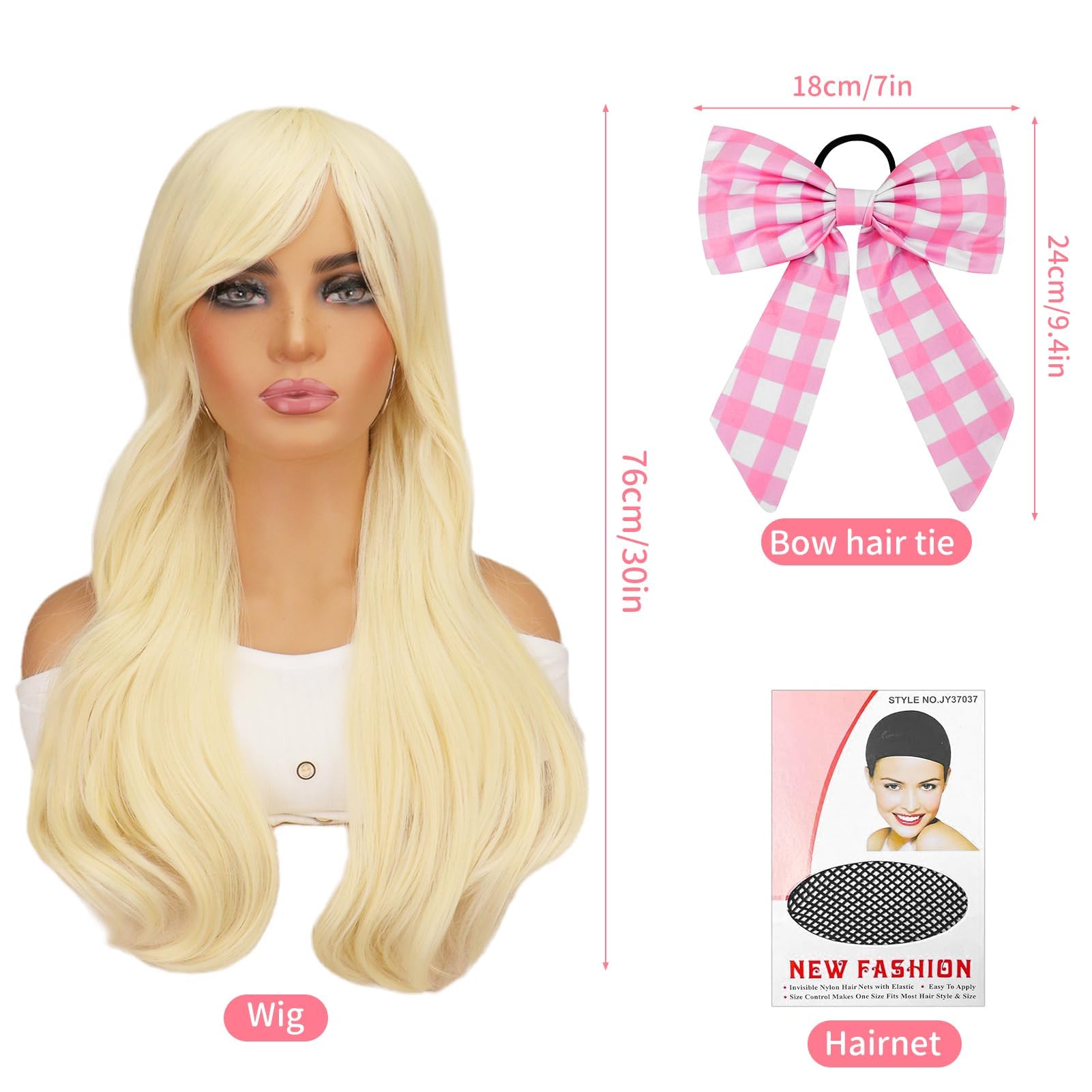 Parrucca Bionda Donna,Lunga Parrucca Donna,Lungo Ondulato Parrucche Bionda per le Donne con Retina per Capelli e Fiocco,Cosplay Lunga Capelli Ricci Della Signora Di Modo Festa Parrucche | Lungo Ondulato Parrucche Bionda per le Donne con Retina per Capelli