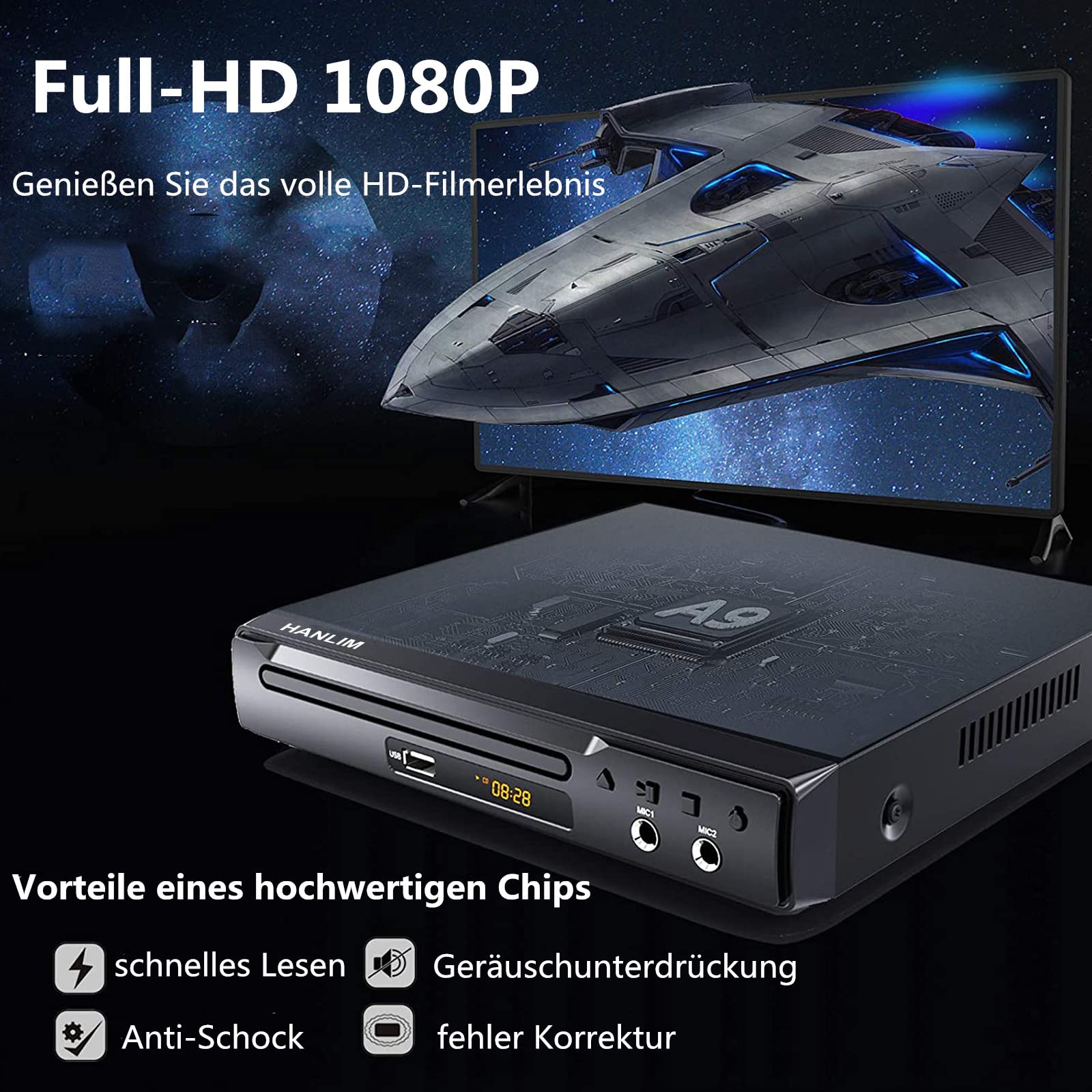 Mini DVD-Player Scart Kompakter CD-Player Regionsfreier HDMI DVD/CD/VCD-Player für TV, USB, 2 Mikrofonschnittstelle, HDMI/AV Kabel, integriertem PAL/NTSC TV System Metallgehäuse