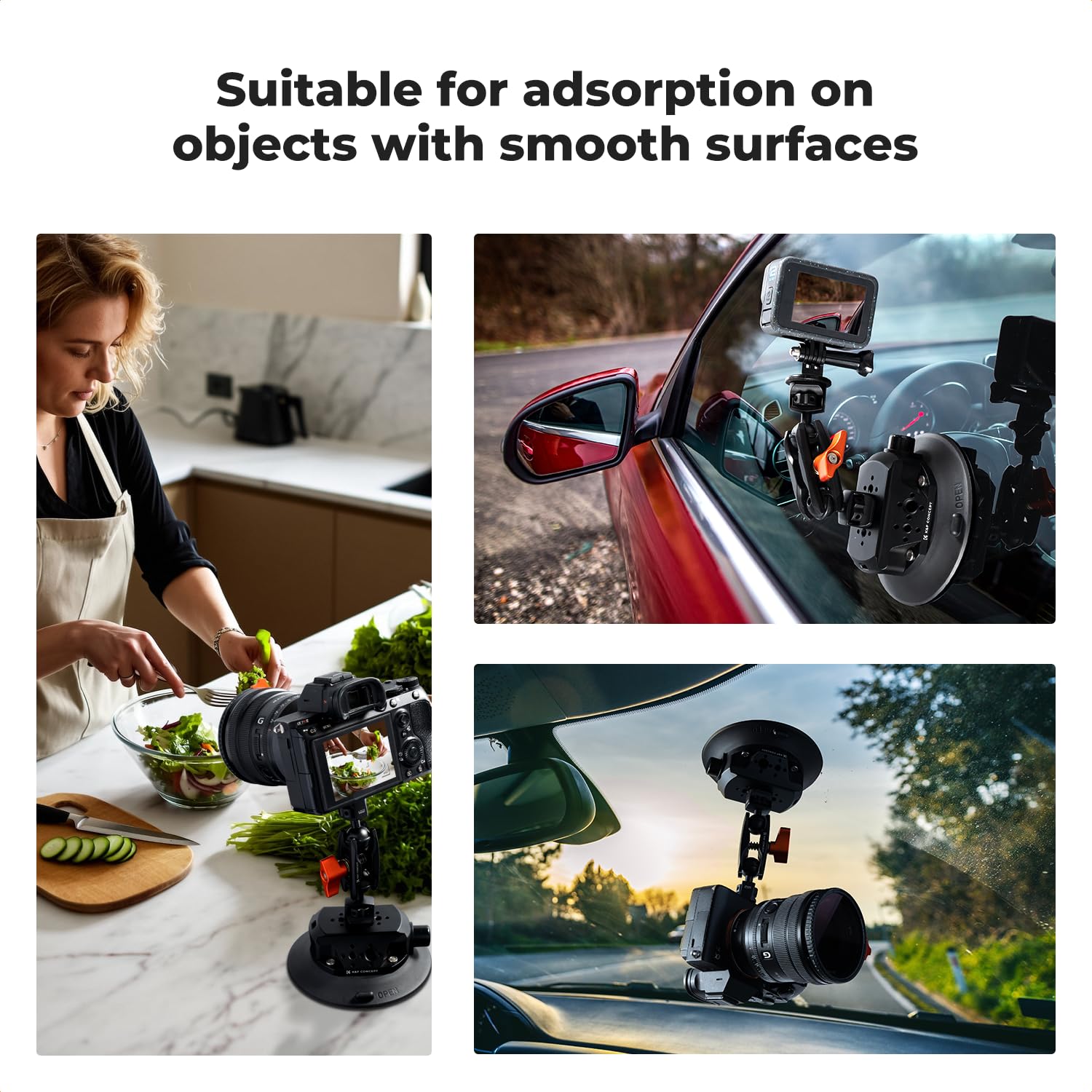 K&F CONCEPT 10,5 cm uchwyt z przyssawką, głowica kulowa Magic Arm, ARRI | 1/4" 3/8", do samochodu, GoPro, DJI, Insta360 X4, telefonu komórkowego, Action Cam, 360°, MS45