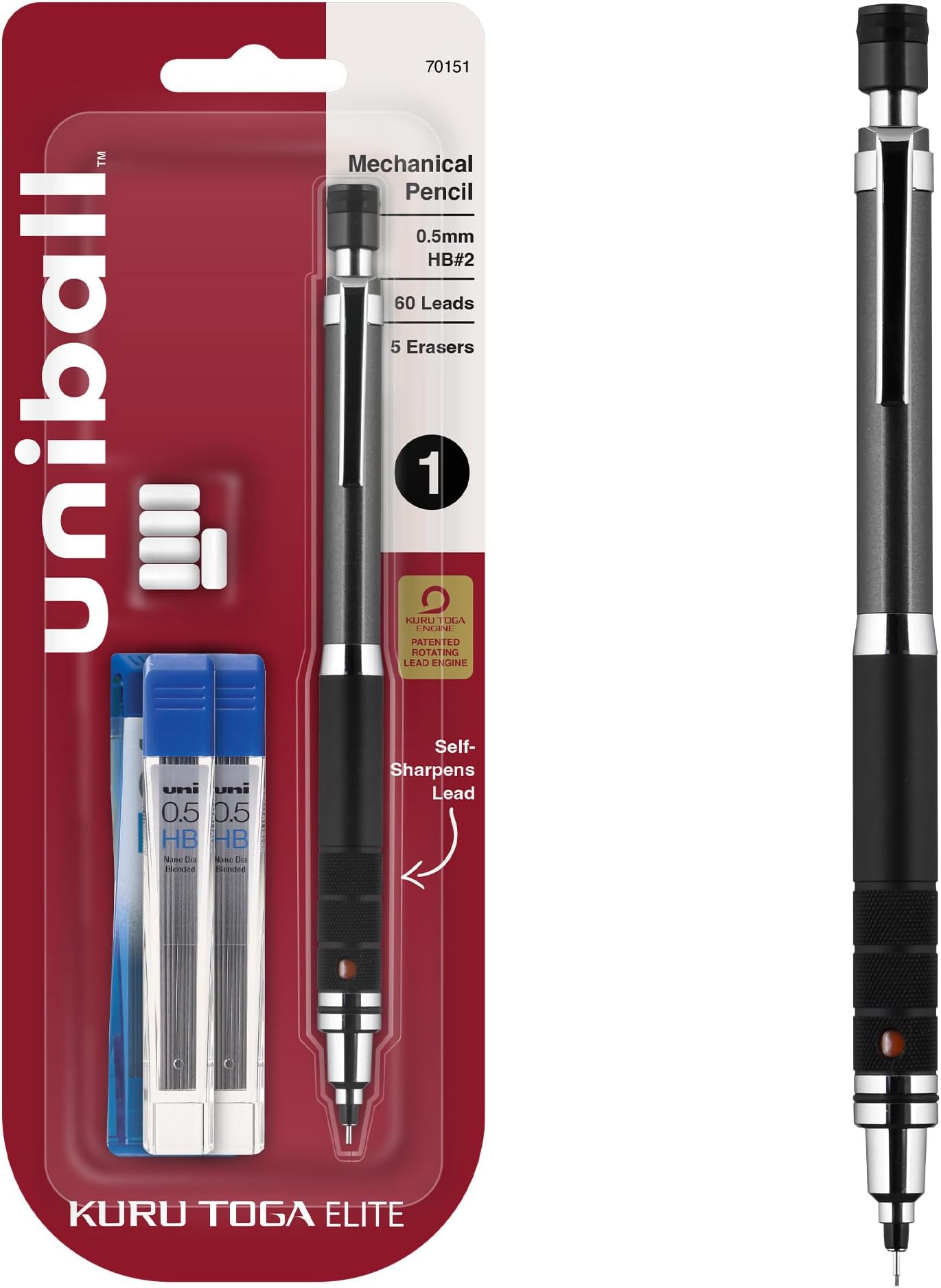 uni-ball Kuru Toga Elite Mechanical Pencil Starter Kit with Gun Metal Barrel and 0.5mm Pencil Tip, 60 Lead Refills, and 5 Pencil Eraser Refills, HB #2