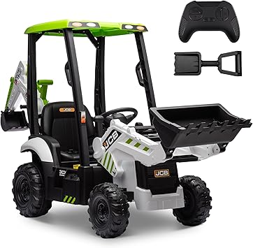 ENYOPRO 12V JCB Electric Backhoe Loader Toy Car for Kids, Battery Powered Ride on Construction Vehicle Toys w/Front Loader & Excavator, Remote Control, Moving Parts, Adjustable Seat White/Green