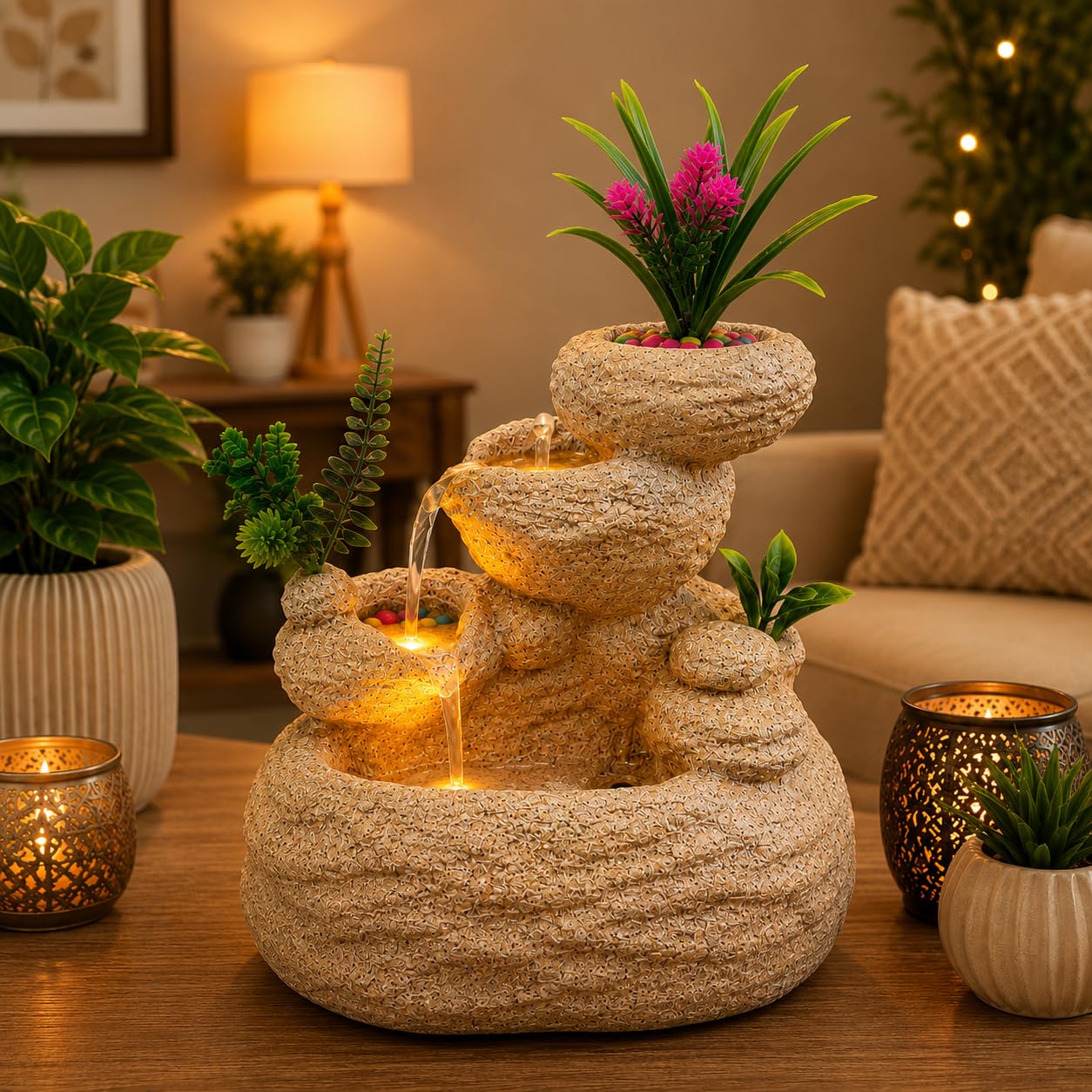 Tabletop Water Fountain with LED Light & Artificial Plants & Speed Controller Pump ? Polyresin Cascading Indoor Waterfall Fountain for Home, Office, Dcor use Size - 18 x 12 Inch (Sand Stone Beige)-image-30