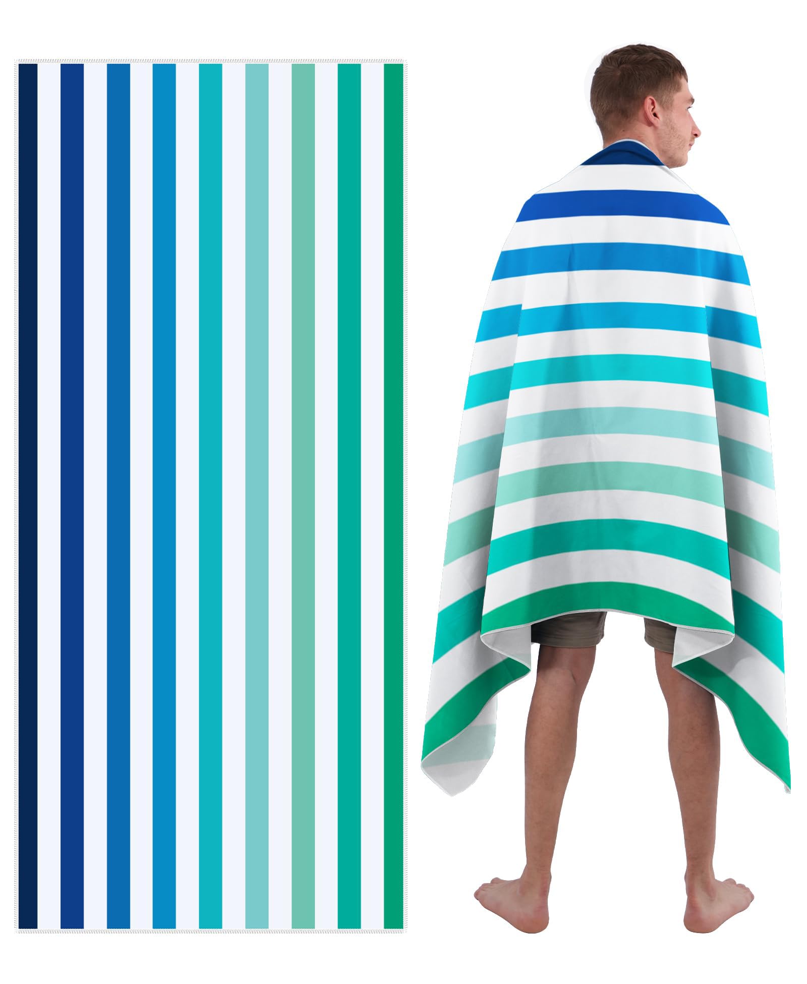 Microfibre Beach Towel Extra Large - Sand Free Quick Dry Lightweight Beach Towels for Adults, Includes Mesh Bag - Gradient Stripe Blue, 200x90cm