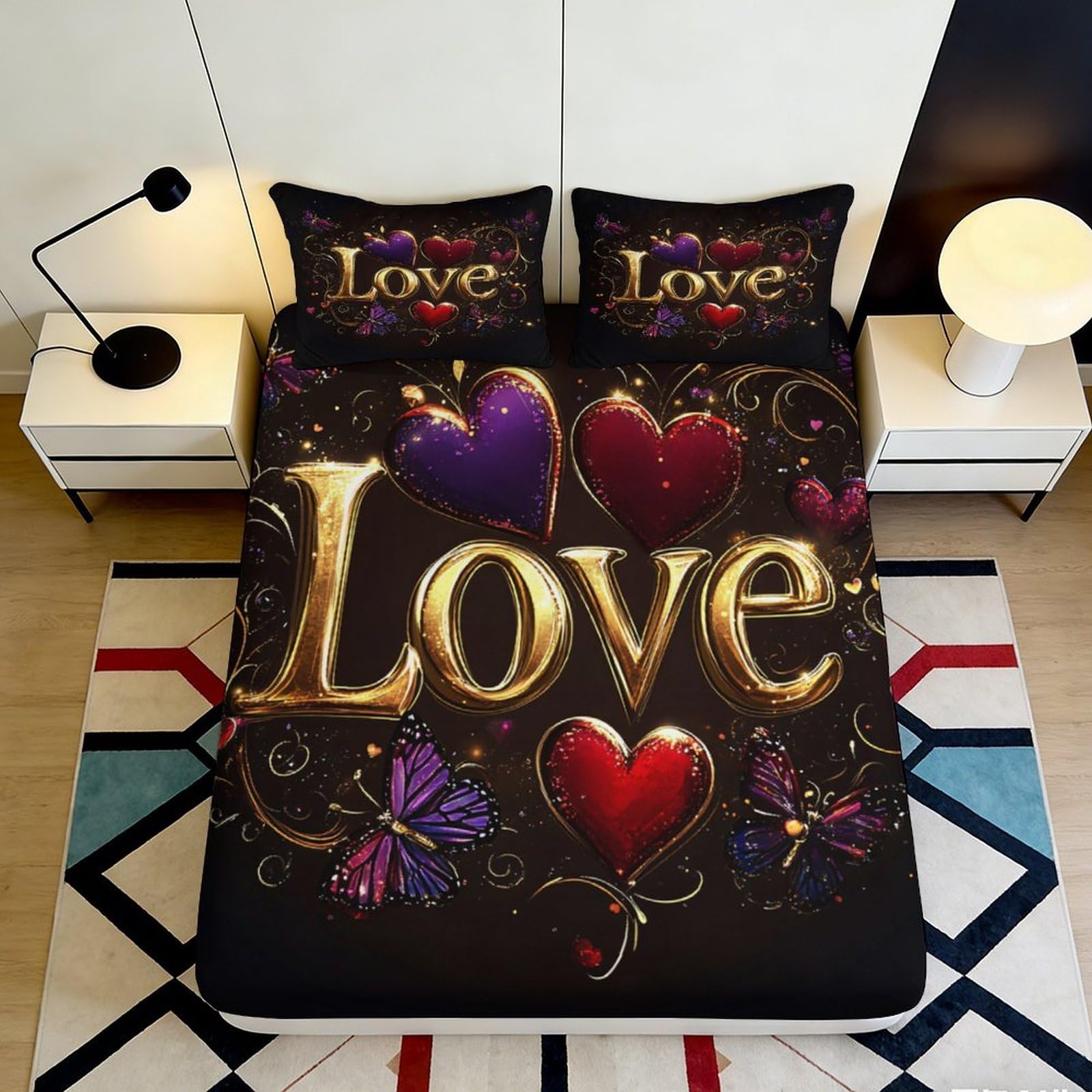 3D Printed Love Heart Butterfly Fitted Sheet Microfiber Vibrant Art Bed Cover for Bedroom Guest Room Decor 140x200x25cm