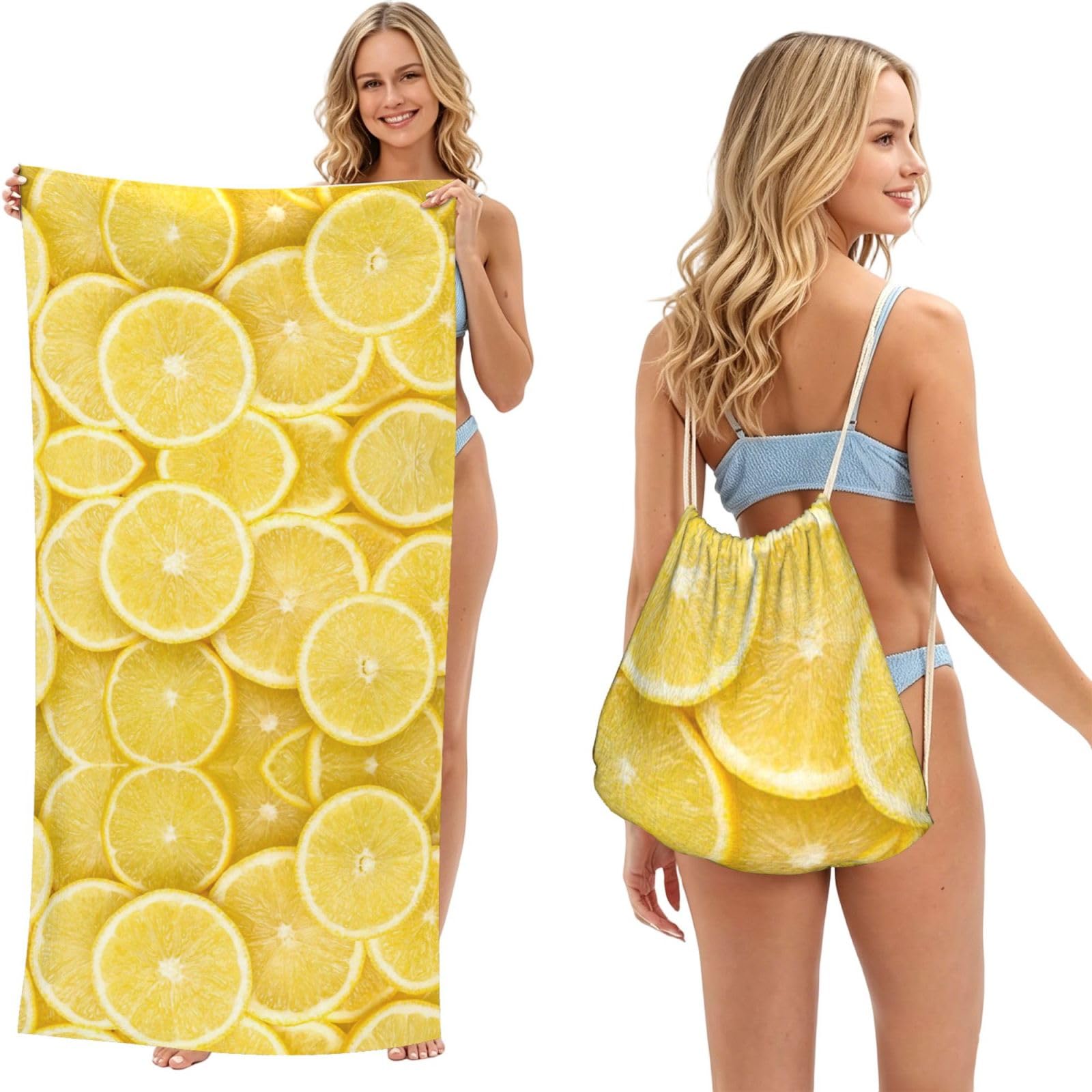 ESNAIUVCD Yellow Lemon Print Beach Towel For Adults,Towel With Drawstring Bag, Travel Pool Swimming Sports Shower Sand Free Quick Dry Bath Towel For Pool, Beach, Yoga- 180x60cm