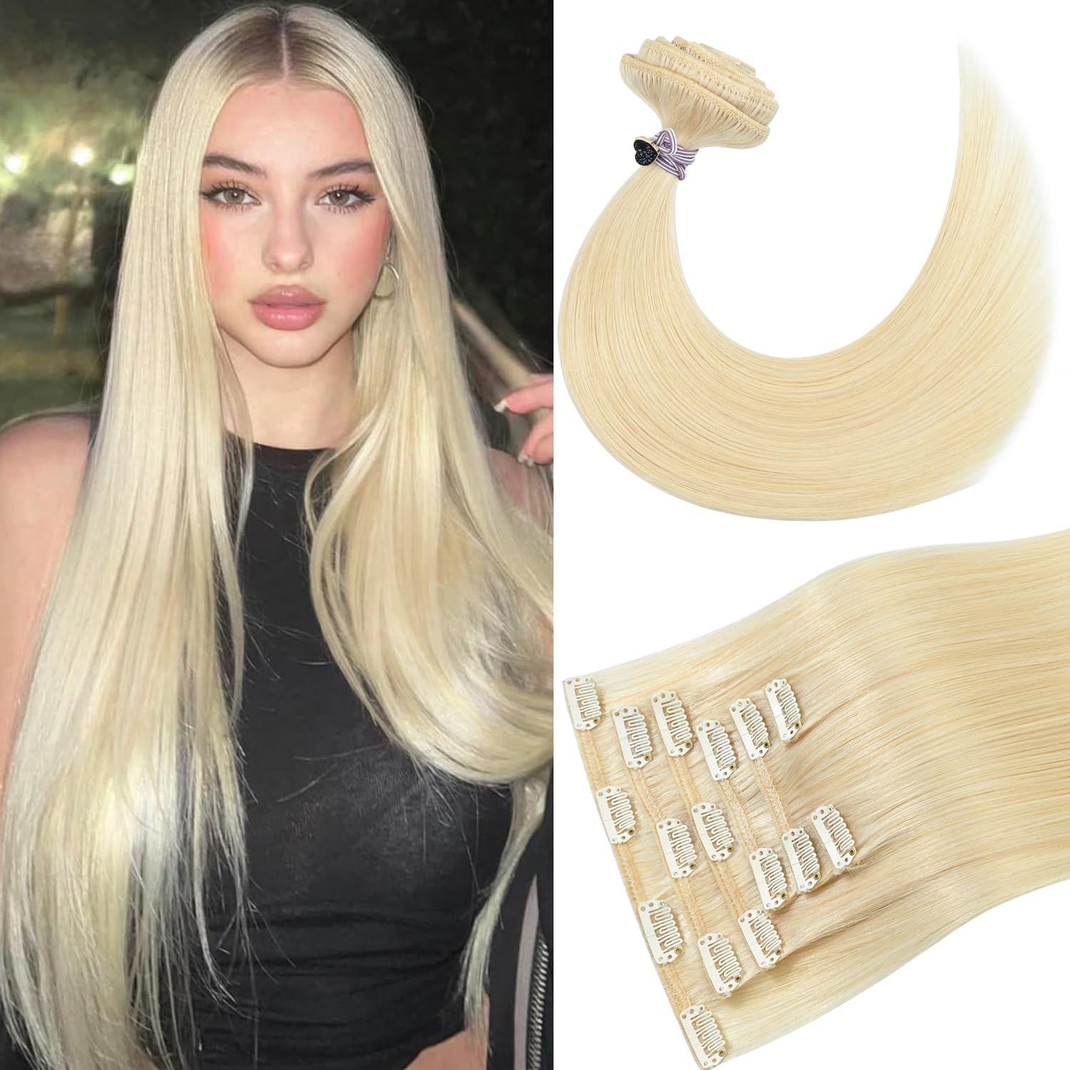 Real Human Hair Extensions Clip ins Platinum Blonde Remy Hair Extensions Clip in Human Hair 22 Inch 75g Blonde Human Hair Extensions for women