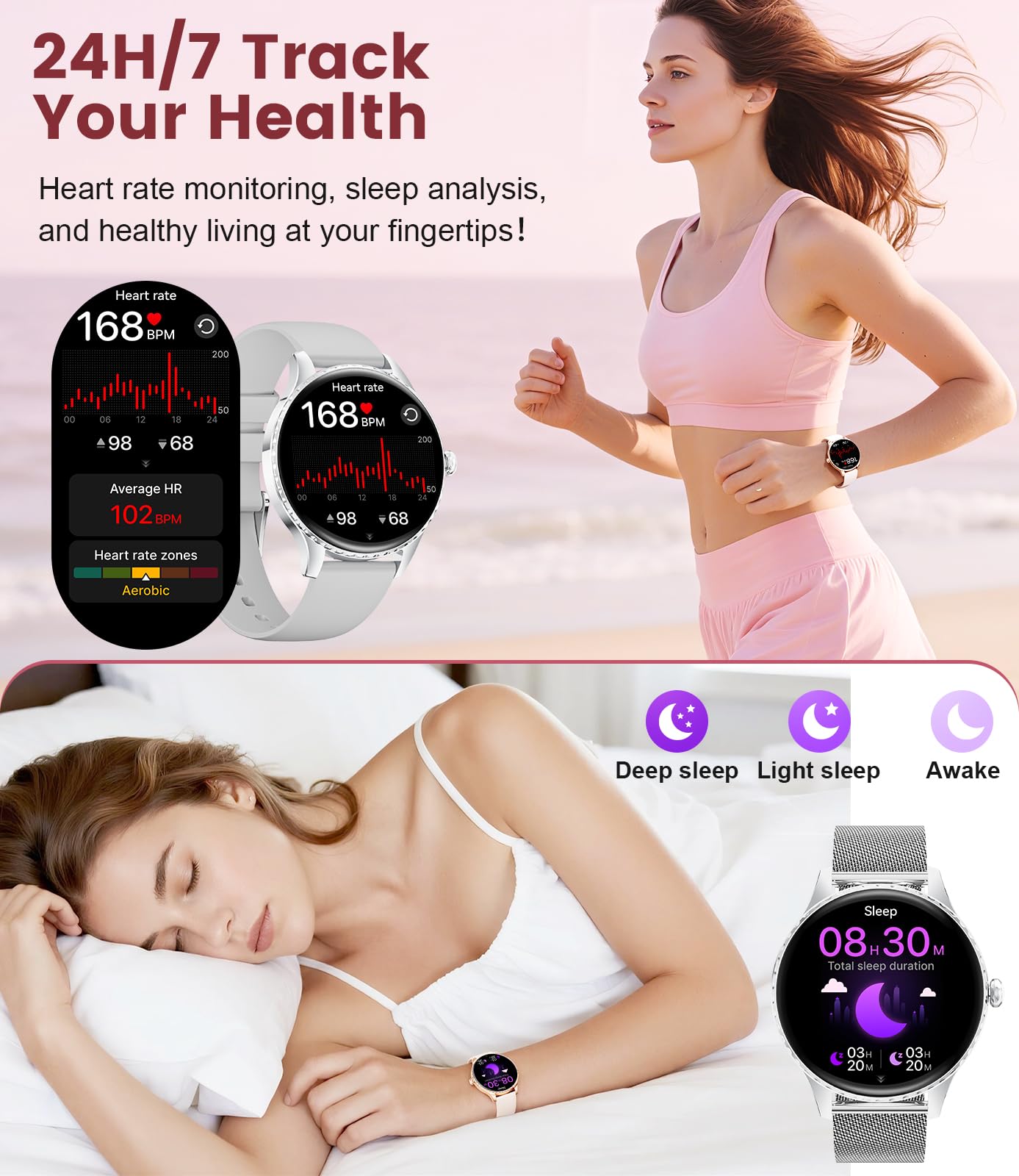 Smartwatch Donna Rotondo,1.32" Amoled Display/Chiamate Bluetooth, Orologio Smartwatch con Fisiologia Femminile/Frequenza Cardiaca/Sonno, 110+ Modalità Sportive IP68 per iOS Android Argento