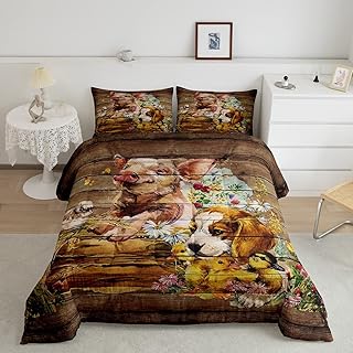 Manfei Animal Comforter Set King Size, Pig Dog and Chicken Print Bedding Set 3pcs for Kids Boys Girls Room Decor, Colorful Floral Print Quilt Set with 2 Pillowcases