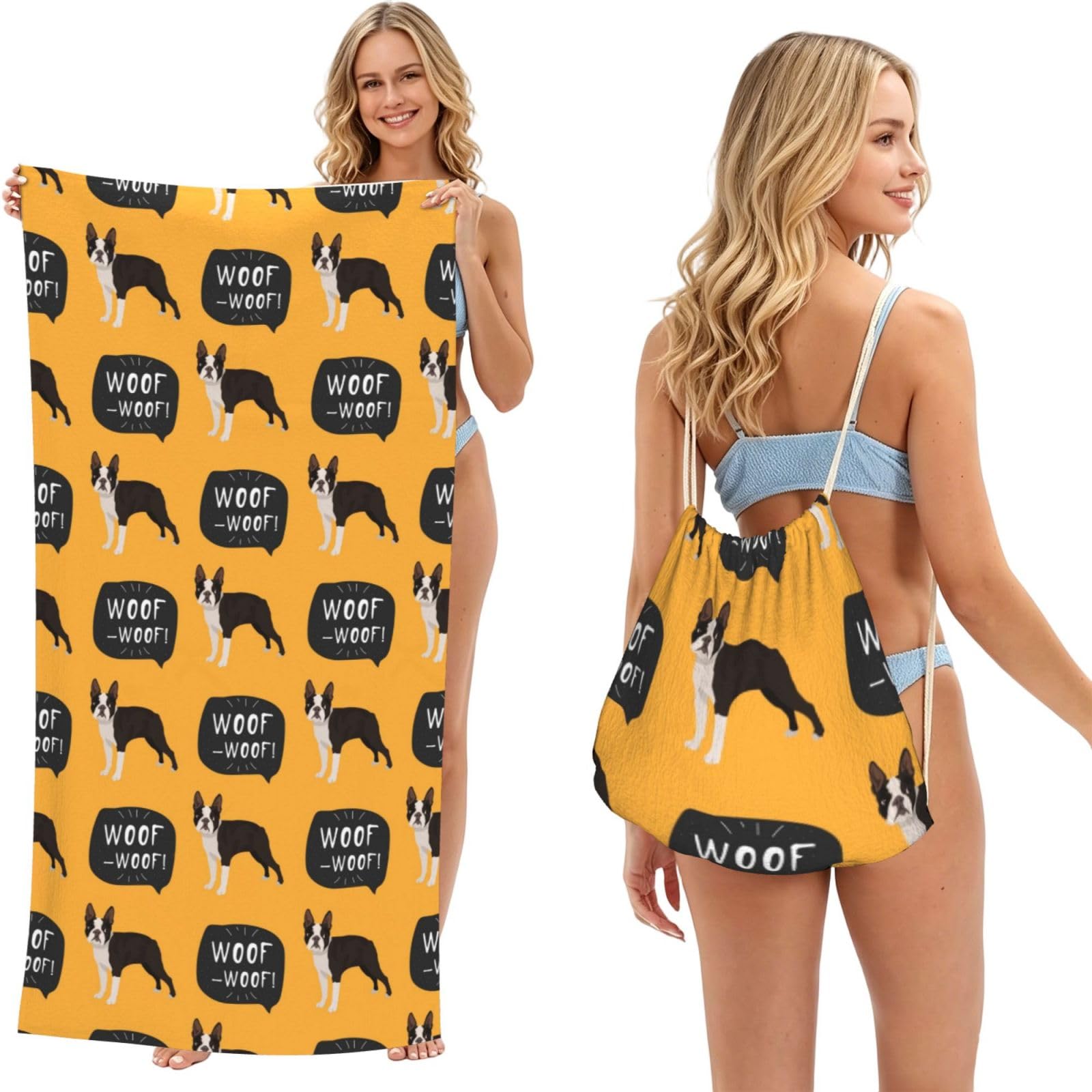 Poadnly Boston Terrier Puppy Pattern, 2 in 1 Packable Towel Bag, Beach Towels with Drawstring Backpack for Travel Holiday Camping
