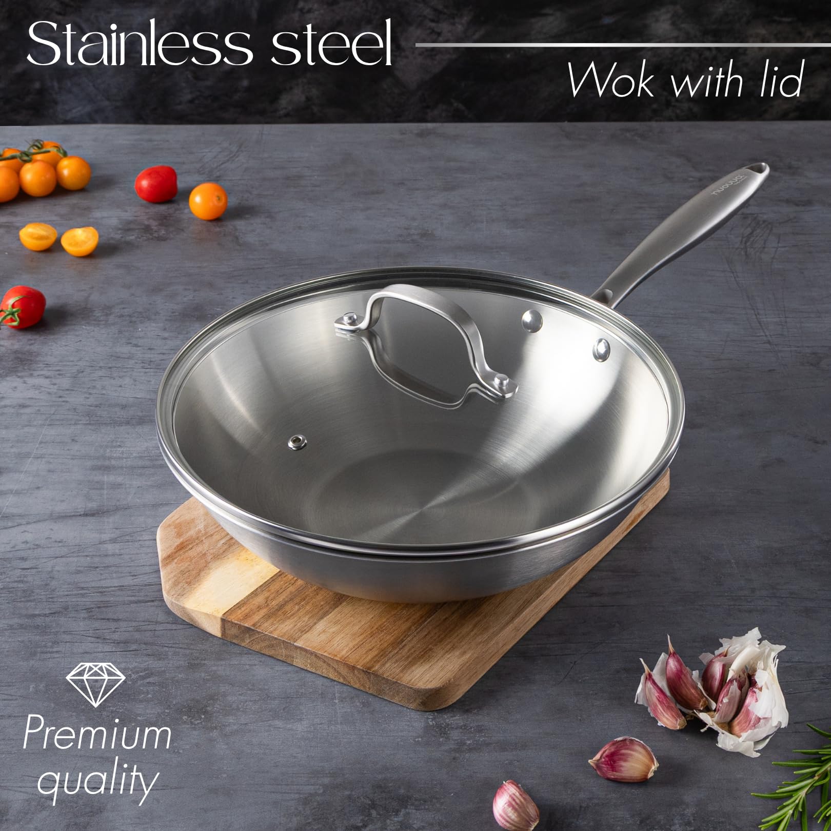 Juego de ollas y sartenes de acero inoxidable – Sartén wok de 28 cm – Utensilios de cocina de inducción – Apto para horno