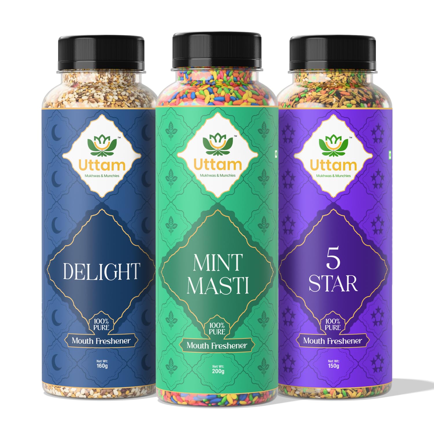 uttam mukhwas daily freshness combo pack | mint masti, delight & 5 star mukhwas | 3-in-1 everyday mouth freshener for office & daily use