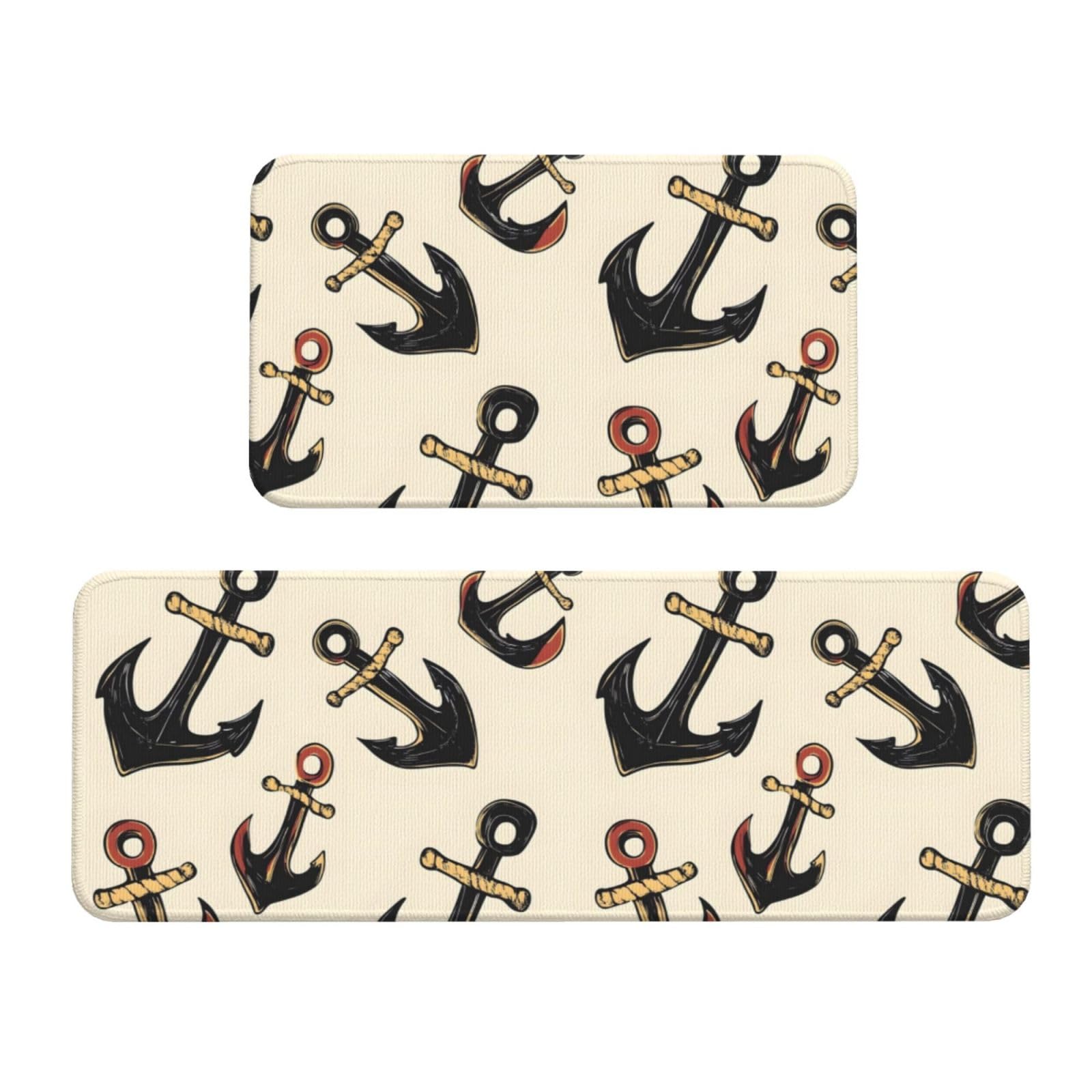 GVYGVY Antifatigue Kitchen Mats for Floor 2 Piece - Cool Anchor Print Kitchen Rugs Washable, Non Slip Runner Rug Standing Mat for Office/Bathroom/Laundry/Home Decor and Accessories