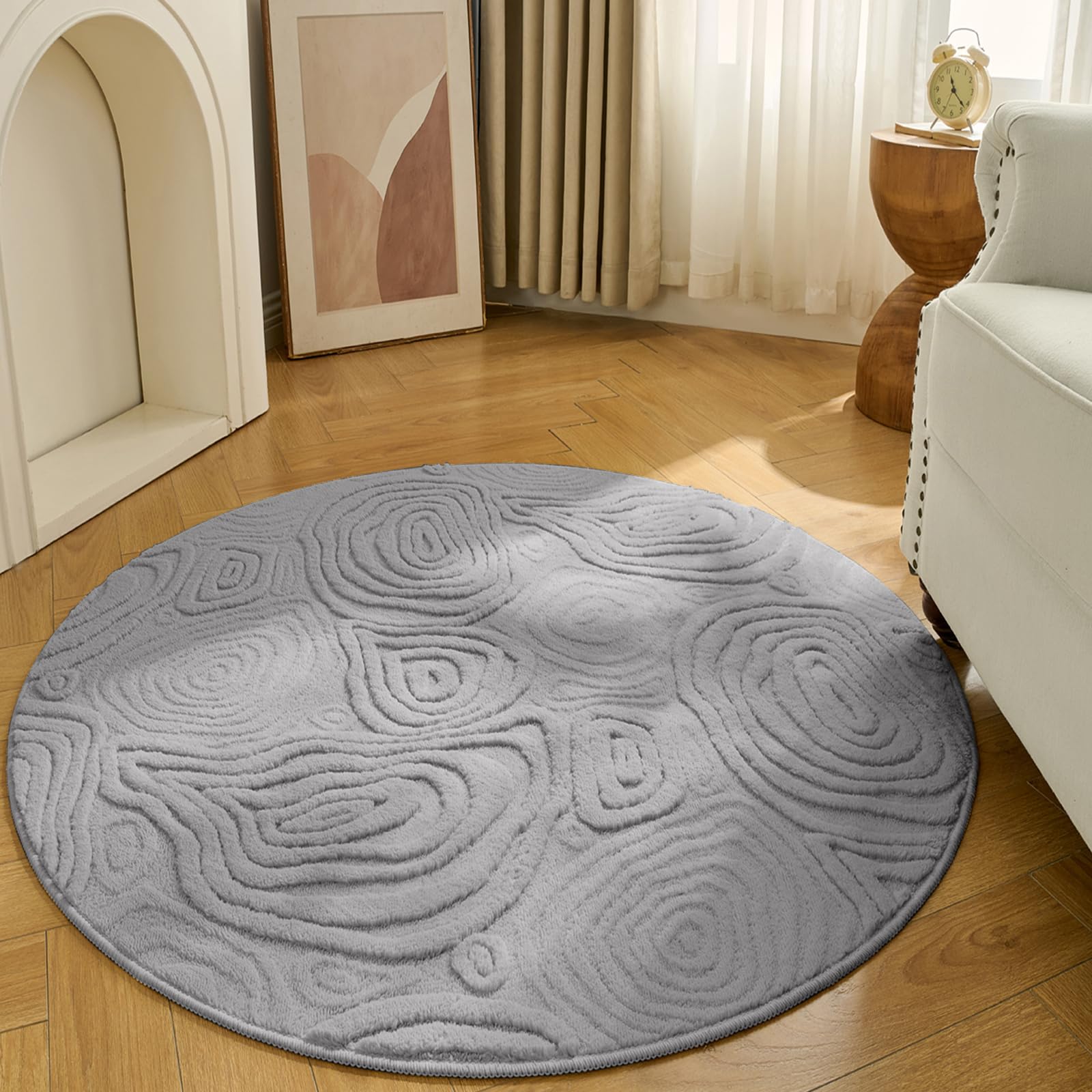 Ceneco 3D Short Pile Round Rug 100cm, Grey Washable Rugs Living Room, Non-Slip Rugs for Bedroom, Modern Geometric Round Rug Non Shedding, Modern Area Carpet for Kids Beside Lounge Nursery(Light Grey) — image 1