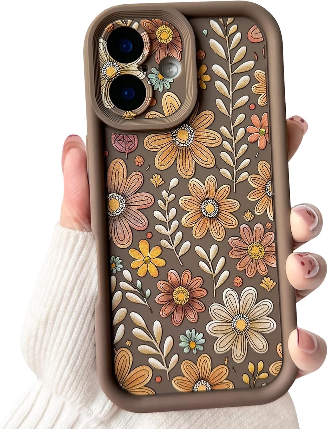 Lovmooful Compatible for iPhone 16 Case Aesthetic Cute Color Flower Floral Leaf Design for Girls Women Soft TPU Shockproof More Protective Girly for iPhone 16 Case-Brown