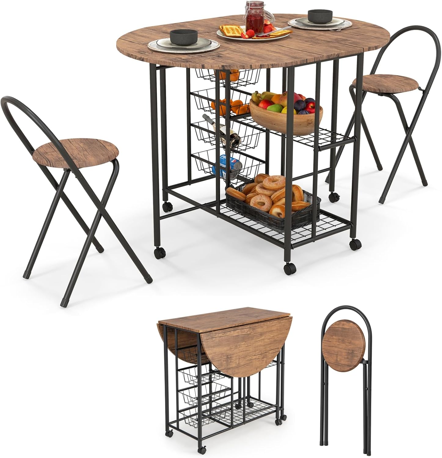 TANGZON 3PCS Folding Dining Table and Chairs, Rolling Drop Leaf Dining