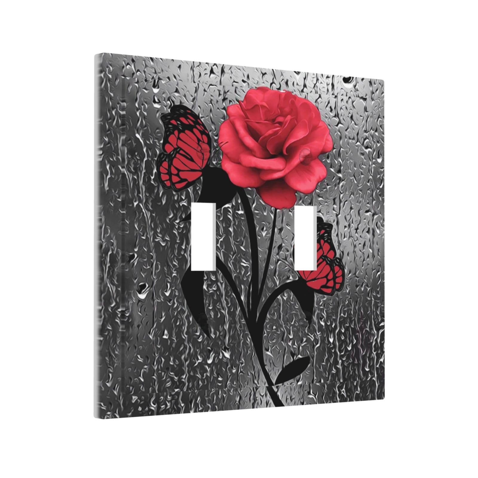Lady Women Girl Romantic Floral Red Rose Butterfly Valentine's Day Flower 2-Gang Double Toggle Device Switch Wallplate Electrical Decorative Outlet