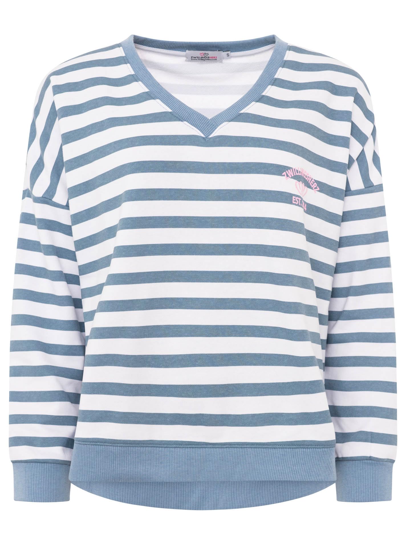 Zwillingsherz Damen Sweatshirt mit V-Ausschnitt – Gestreifter Sweater mit Herzmotiv – Kuscheliger Oversize Pullover – Weicher Sweatshirt Look für Frühling, Herbst & Winter – Loungewear Mode