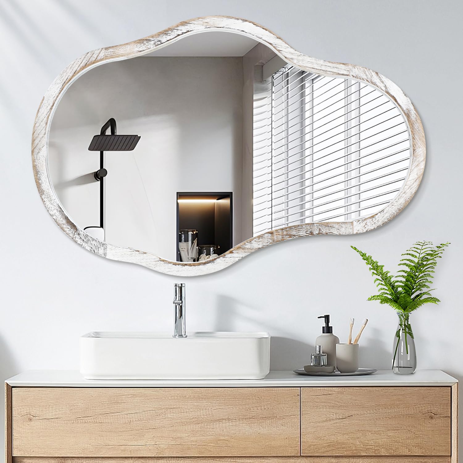 Lzuso Asymmetrical Mirrors for Wall White Irregular Wood Frame Mirrors Modern Unique Shaped Hanging Mirror for Bathroom Vanity Bedroom Living Room Entryway Decorative Mirror Vintage White 24"x16"