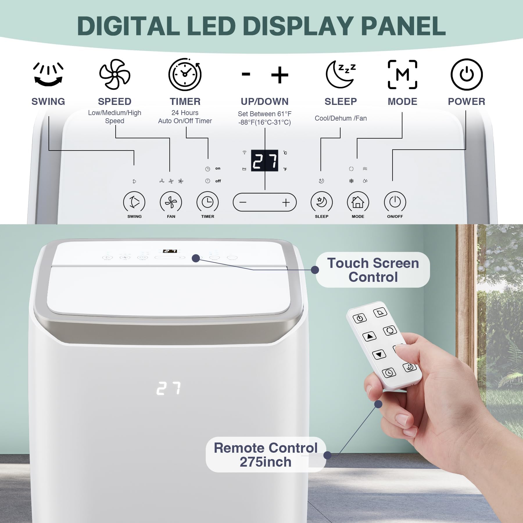 Leise tragbare Klimaanlage 12000 BTU für Räume bis 550 Quadratfuß, 3 in 1 Klimaanlage mit Entfeuchter und Lüftermodus, Schlafmodus, Timer