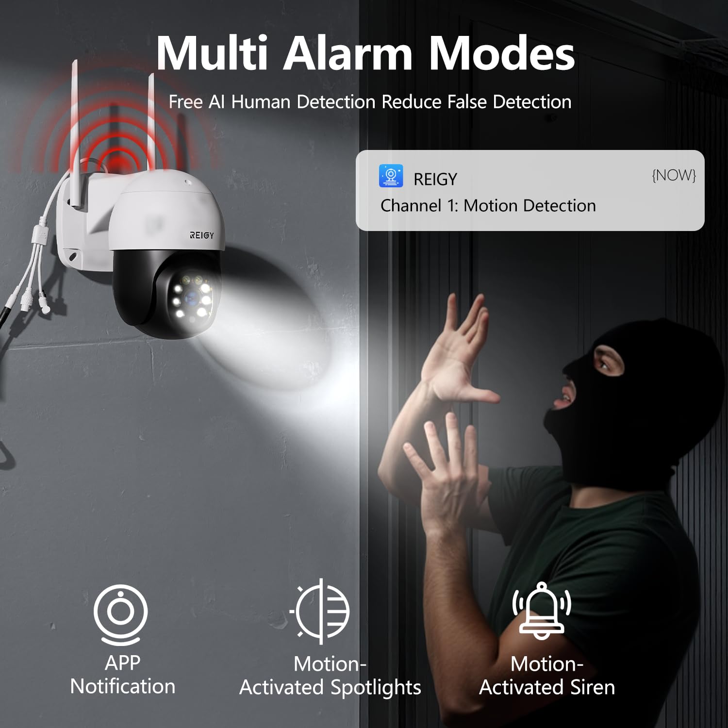 REIGY 8MP Cámara de Vigilancia WiFi Exterior 360°, Camara de Seguridad IP PT 3840*2160p, Visión Nocturna Infrarroja y Color, Audio Bidireccional, Detección de Movimiento Compatible con NVR iOS/Android