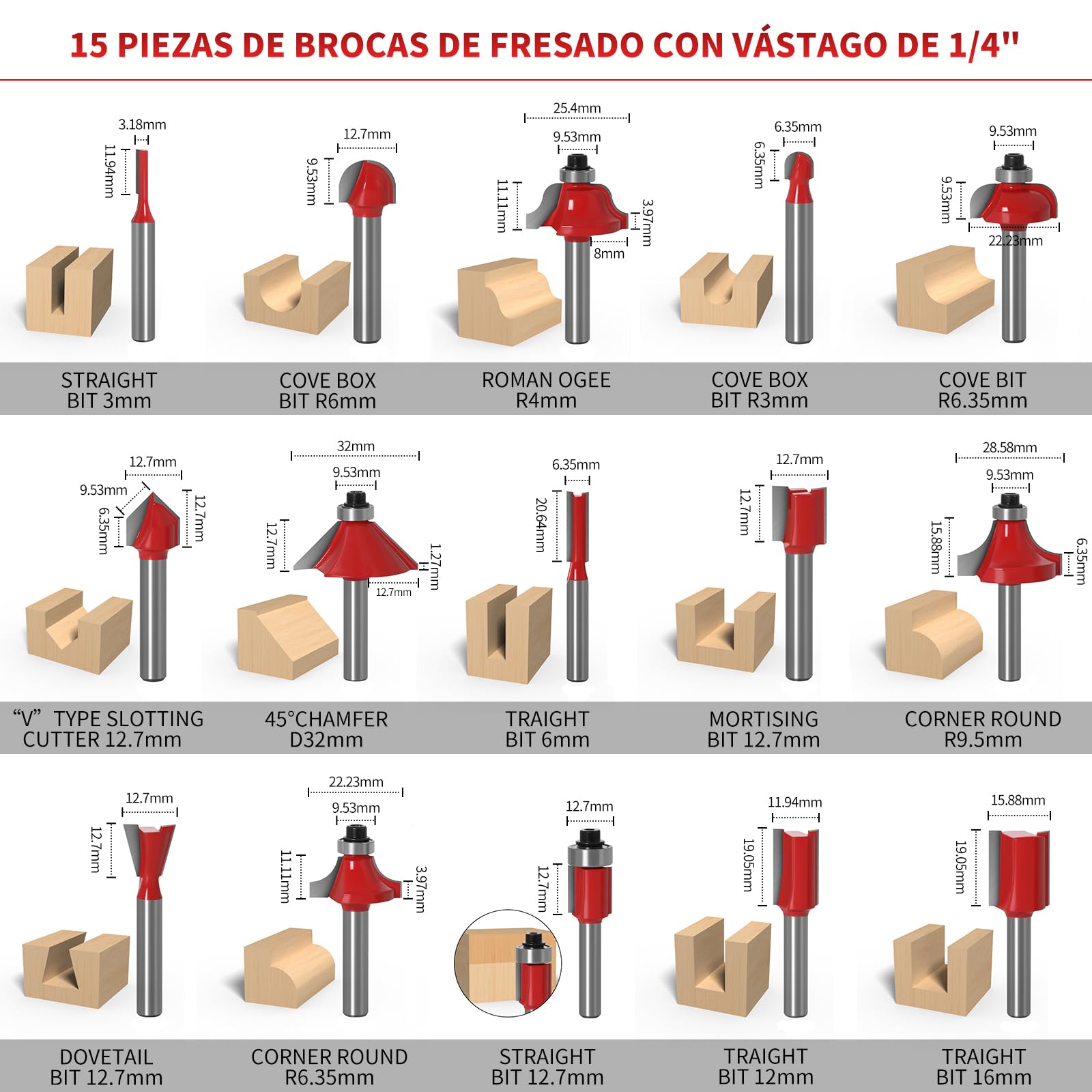 Fresadora de madera 800 W, 6 velocidades variables, 6,35 mm, cortador eléctrico de madera con juego de 15 puntas de 1/4 pulgadas, 30000 RPM Rebajadora Eléctrica