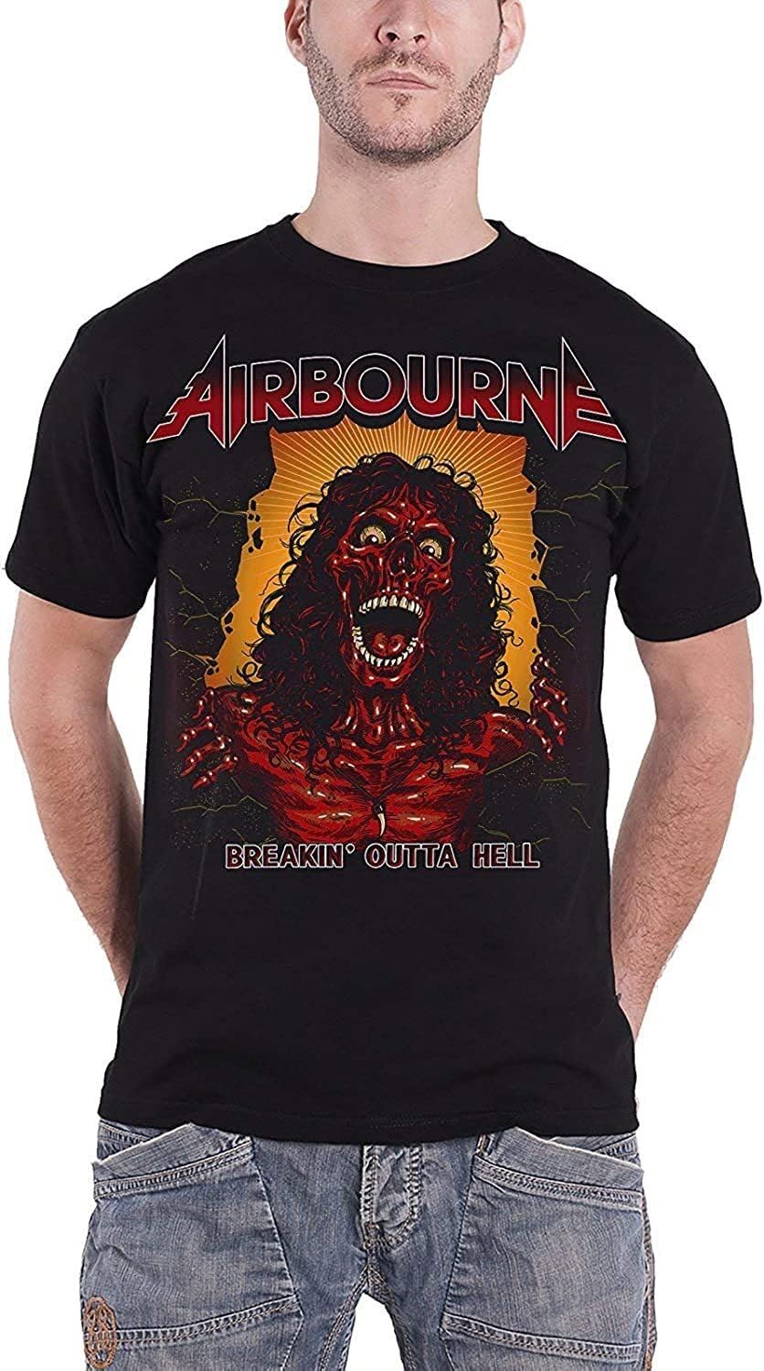SOWGGW Airbourne T Shirt Breakin Outta Hell Skeleton Band Logo Mens Black(X-Large)