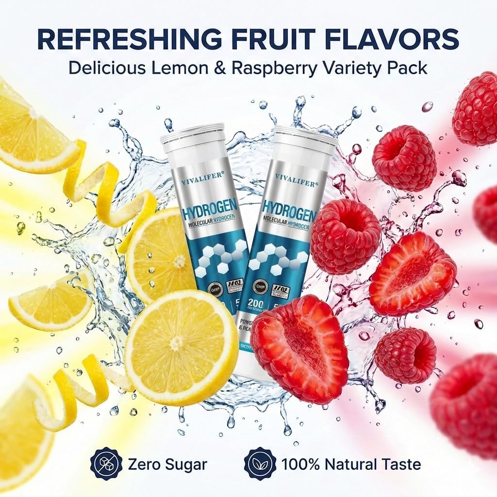Hydrogen Water Tablets 100 Count (Lemon & Raspberry Flavor) - High PPM Molecular Hydrogen & Elemental Magnesium Supplement - Dissolvable H2 Generator for Energy, Muscle Recovery & Hydration
