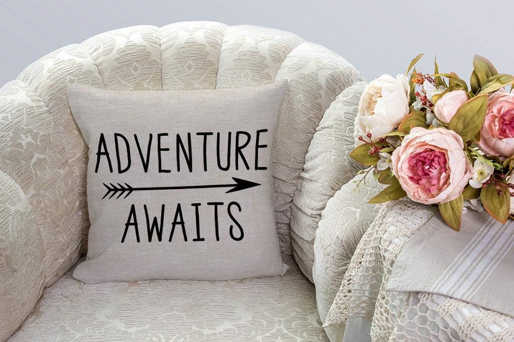 SSOIU Arrow Throw Pillow Cover Adventure Awaits Quote Decoration Cotton Linen Home Decorative Throw Pillow Case Cushion Cover for Sofa Couch, 18" x 18" - Image 2