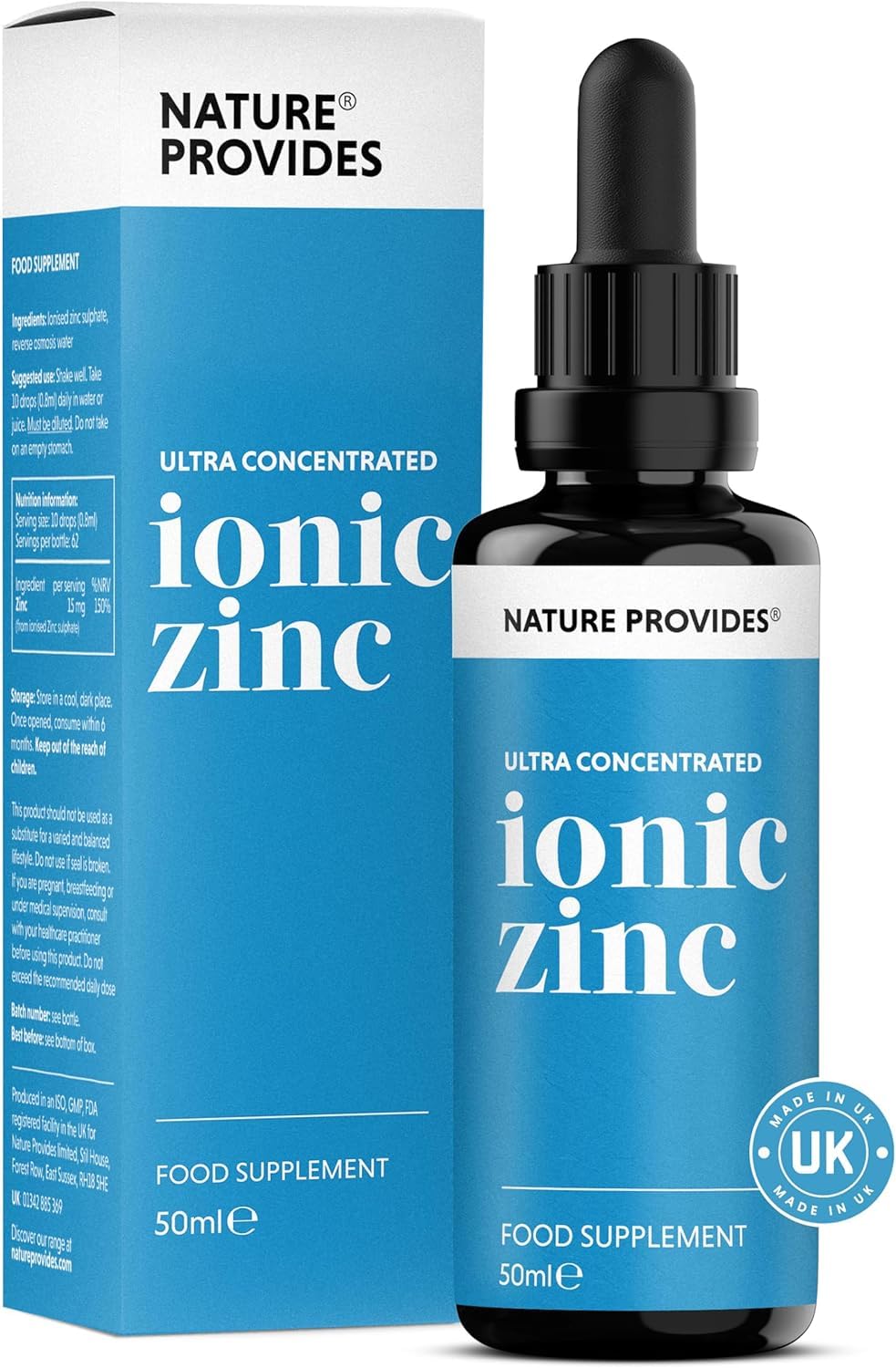 Ionic Zinc Sulphate Liquid Ultra Pure & Concentrated - 50ml, Immune & Fertility Support, Skin, Hair & Nails, Superior to Vimergy and Eidon, High Absorption, Made in UK by Nature Provides