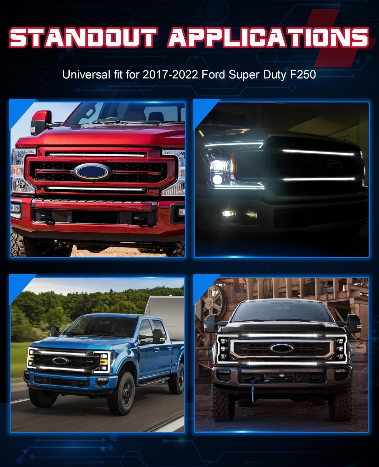 OFFROADTOWN LED Grille Lights Compatible with 2017-2022 Ford Super Duty F-250 XLT Lariat Platinum 2PCS 37 Inch Curved DRL LED Grille Accent Light Bar Kit Front Warning Light
