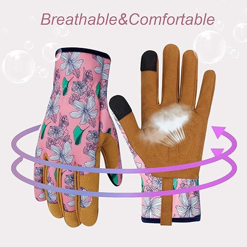 Miniatura 4 de Guantes de jardinería de cuero para mujer, a prueba de espinas, guantes de jardín para pantalla táctil, guantes de trabajo, regalos, L