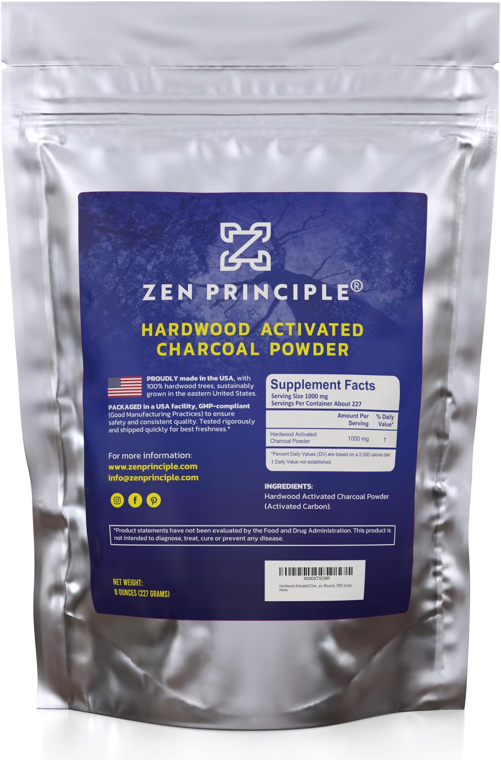 Zen Charcoal Hardwood Activated Charcoal Powder 100% from USA Trees 8 oz. All Natural. Whitens Teeth, Rejuvenates Skin and Hair, Detoxifies, Helps Digestion, Treats Poisoning, Bug Bites, Wounds. FREE scoop!