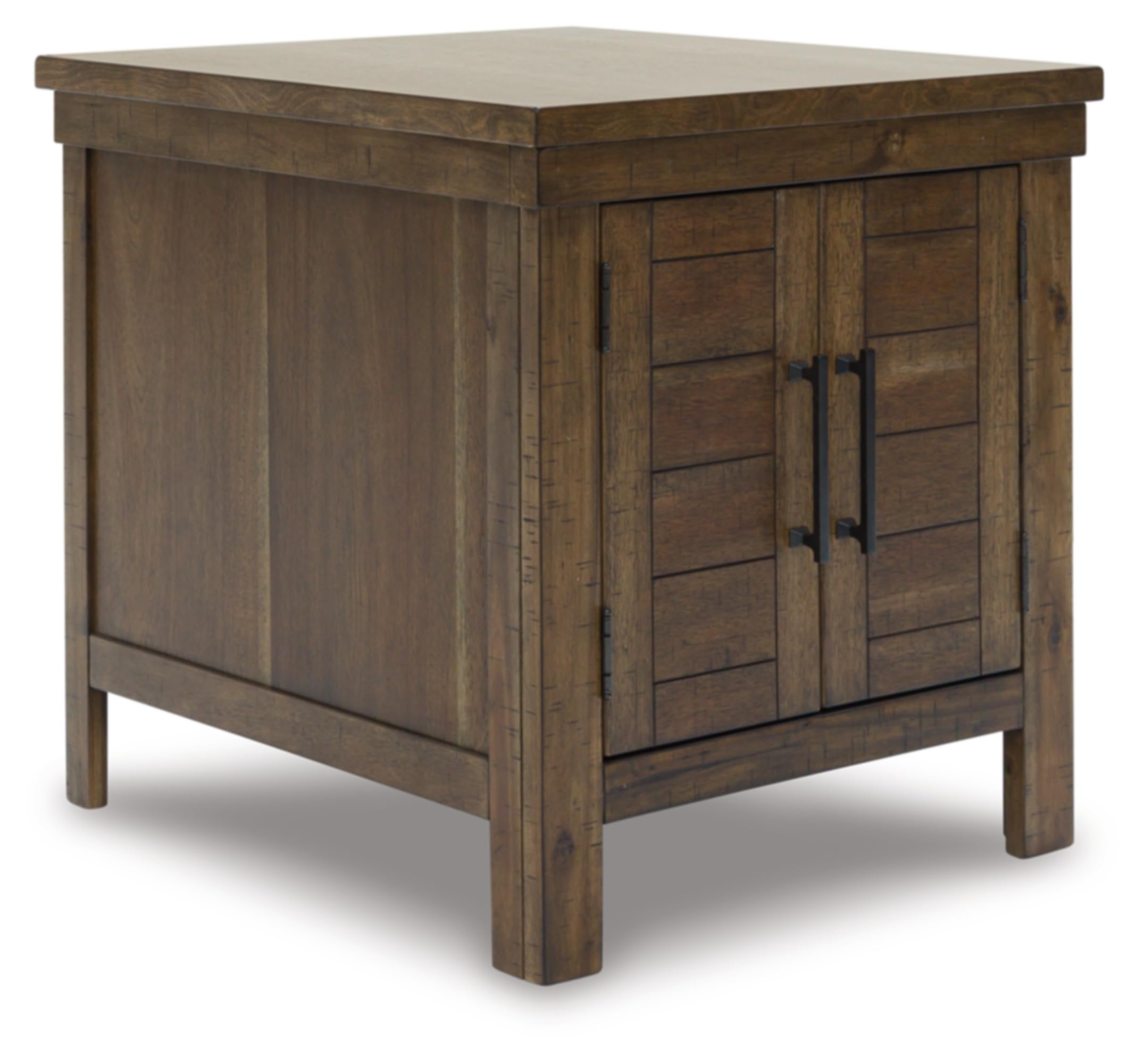 signature design by ashley moriville rustic farmhouse end table with dual cabinet doors, brown