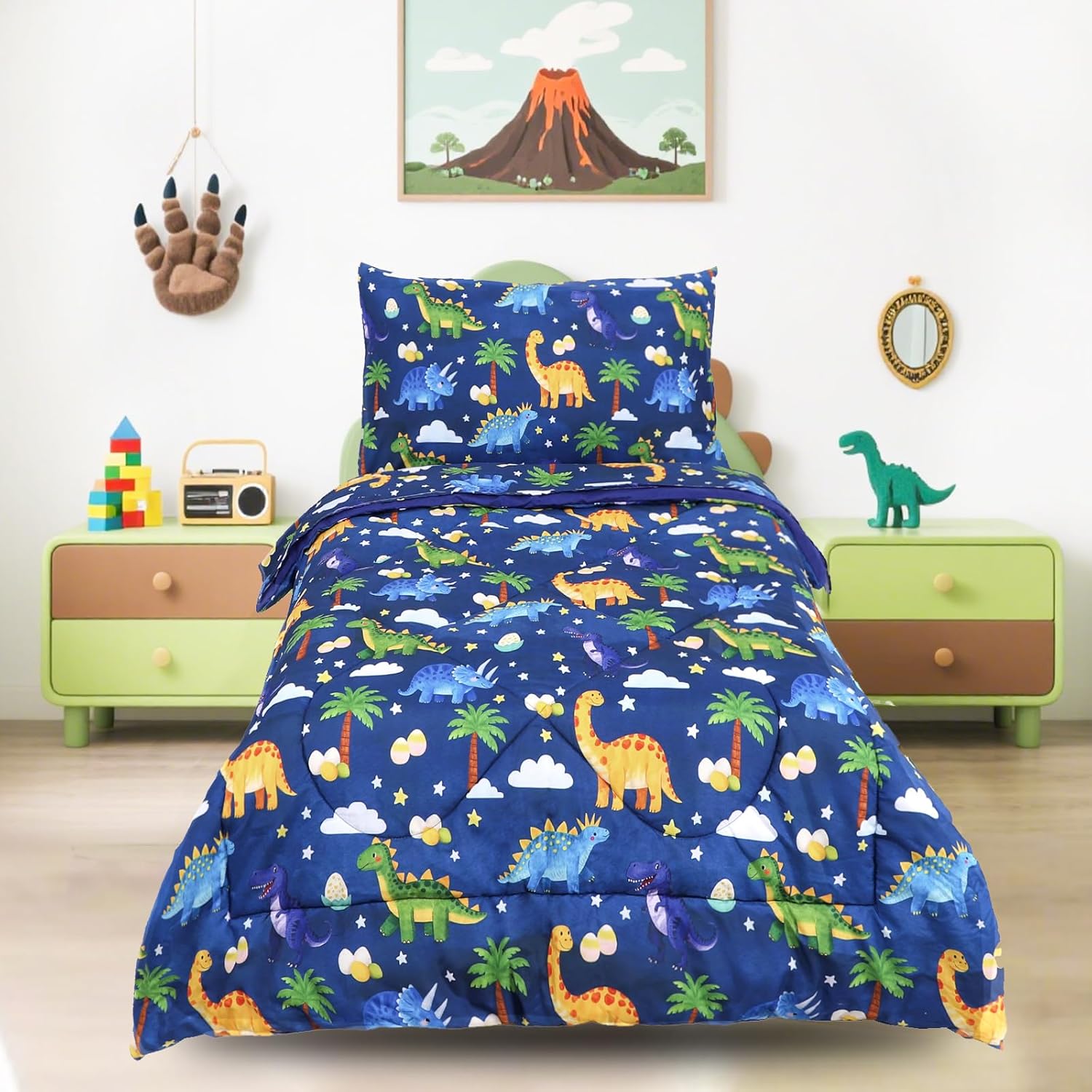 Hooyax Toddler Bedding Set for Boys - 4 Piece Dinosaur Toddler Comforter Set Includes Fitted Sheet, Comforter, Pillowcase & Flat Sheet - Soft Comfort Microfiber for All Seasons