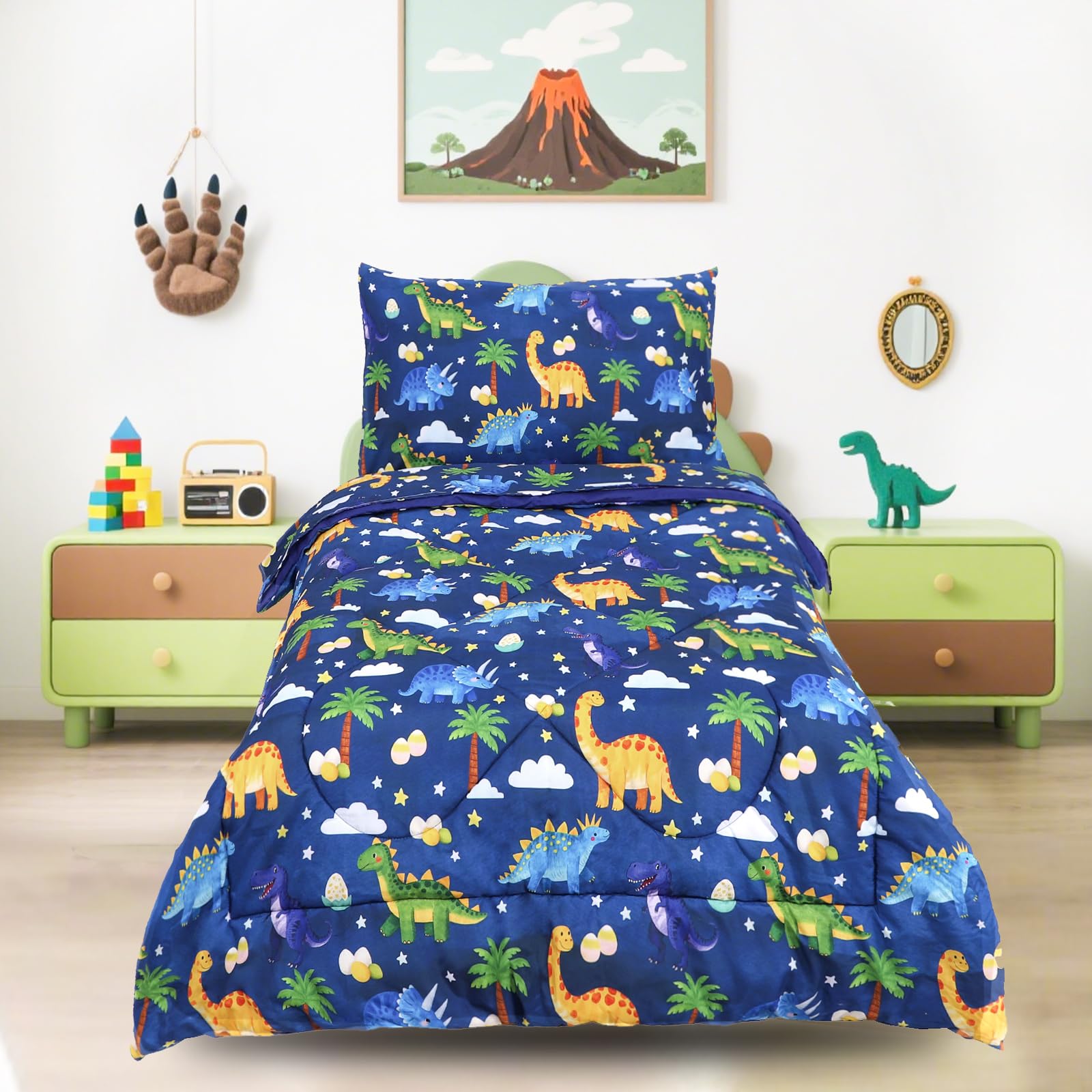 Hooyax Toddler Bedding Set for Boys - 4 Piece Dinosaur Toddler Comforter Set Includes Fitted Sheet, Comforter, Pillowcase & Flat Sheet - Soft Comfort