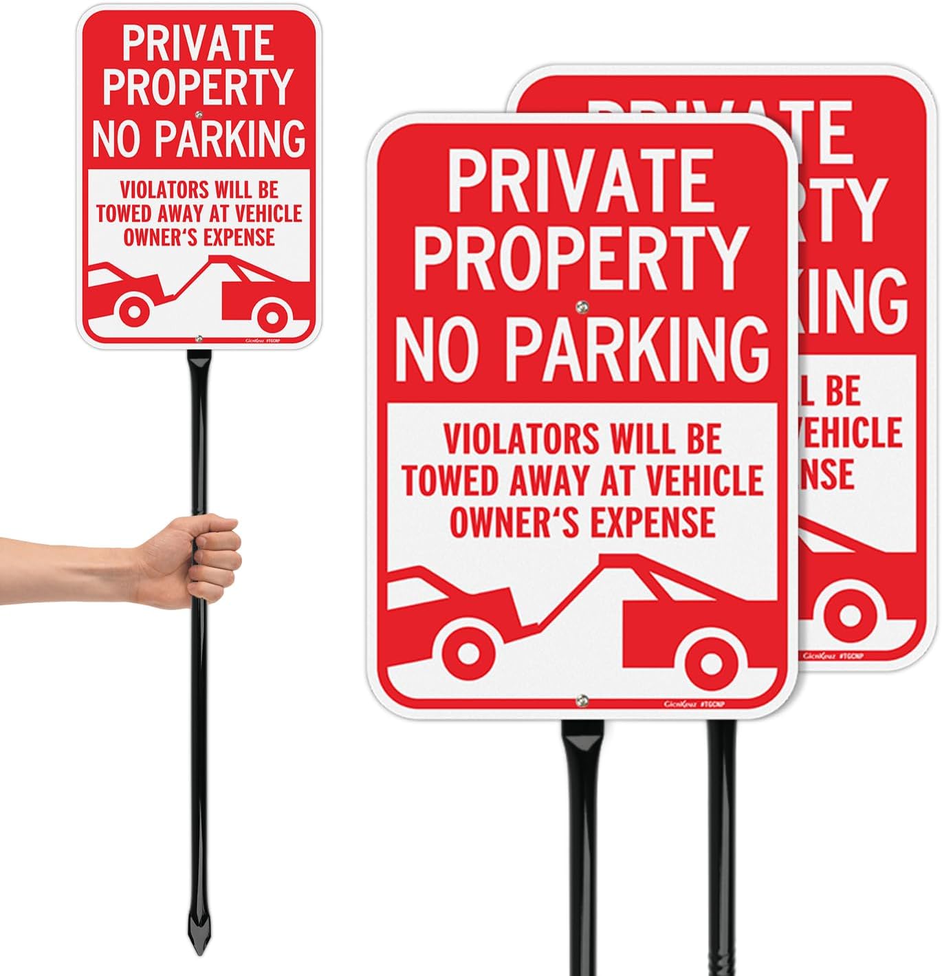 GicnKeuz Private Property No Parking Signs with 36" Heavy Duty Metal Stakes, 14"x10"No Parking - Will Be Towed Sign .040 Aluminum Reflective Signs, Fade Resistant/Waterproof, Including Screws, Easy to Install, Outdoor Use (2 Pack)