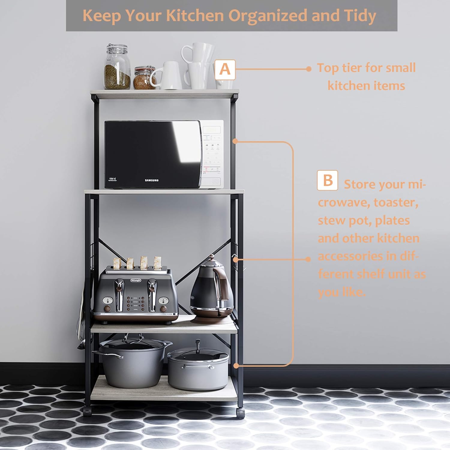 Bestier Kitchen Baker's Rack Utility Storage Shelf Microwave Stand Cart on Wheels with Side Hooks, Kitchen Organizer Rack 4 Tier Shelves Adjustable Feet (Wash White) - Standing Baker's Racks