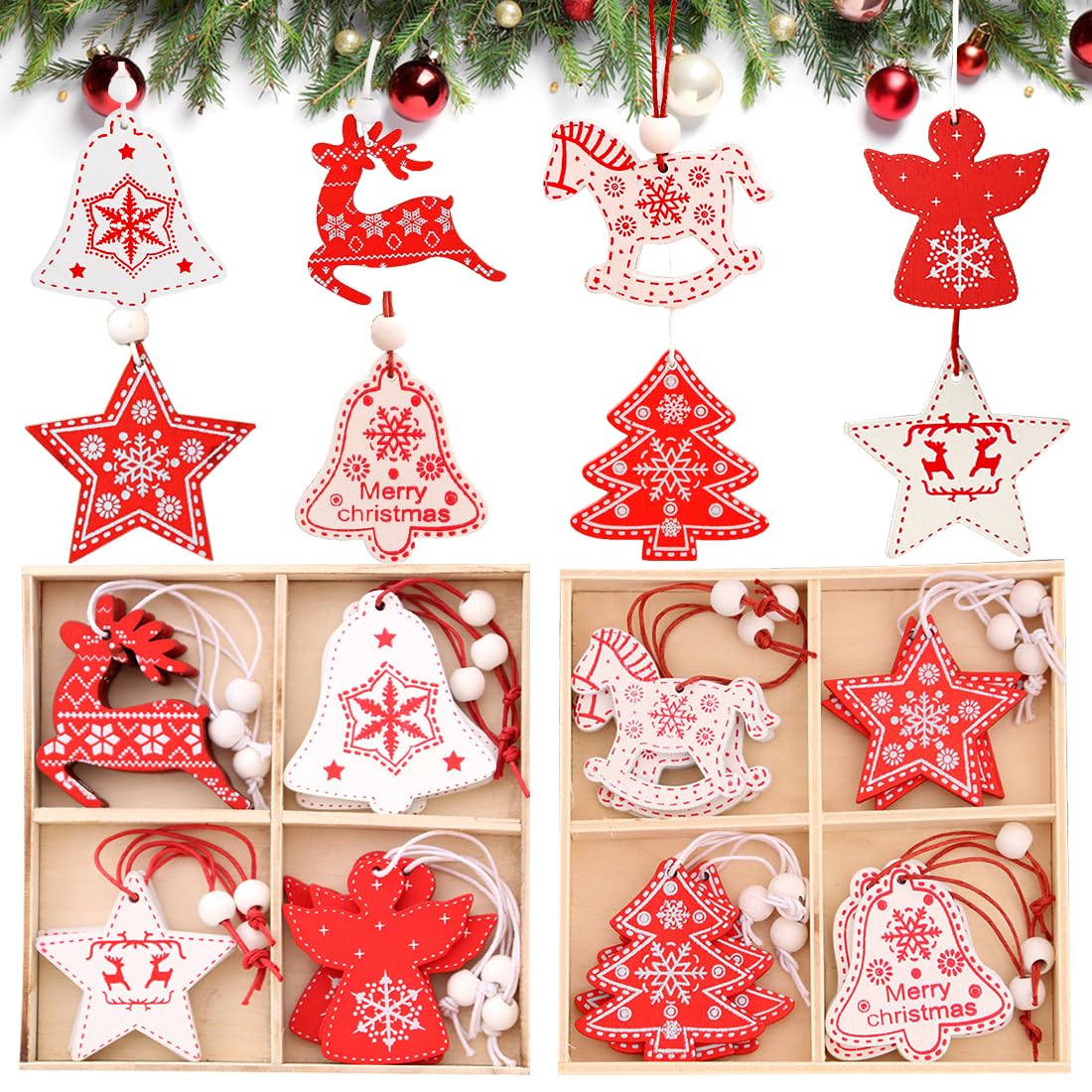 Colgantes de Madera de Navidad,Doyomtoy 24 Piezas Árbol de Navidad Colgante de decoración Adornos de árbol de Navidad Rojo y Blanco de Madera para decoración de árbol de Navidad