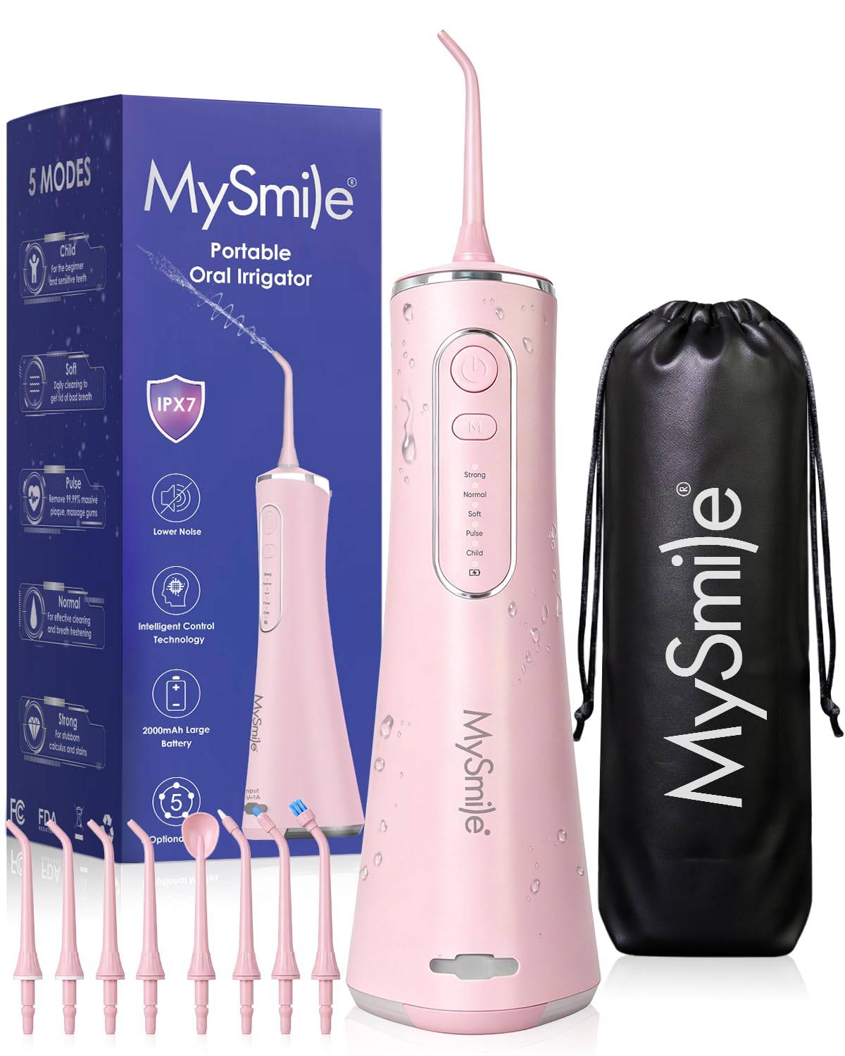 MySmile LP211 - Idropulsore senza fili, portatile, ricaricabile, per la pulizia dei denti, 5 modalità di pulizia, impermeabile IPX7, 8 punte di ricambio e una custodia (rosa succoso)
