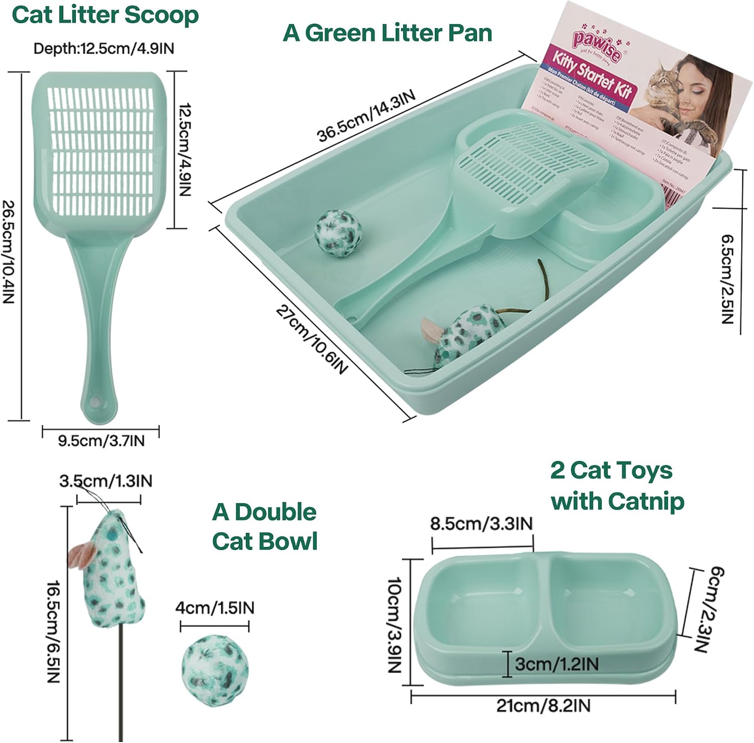 PAWISE Small Cat Litter Box,14.3 x 10.6 x 2.5 Kitten Litter Box Starter Kit,Low Entry Baby Kitten Training Litter Box with Scoop, Bowls,Cat Mouse Toy and Ball Toy,First Catty Owner Essentials (Green)