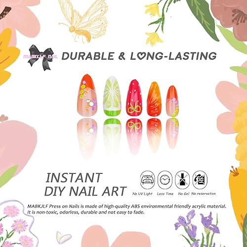 Vista 2 de Uñas postizas medianas a presión con punta francesa 3D con diseño de diamantes de imitación de flor de fresa, bonitos y brillantes, uñas adhesivas