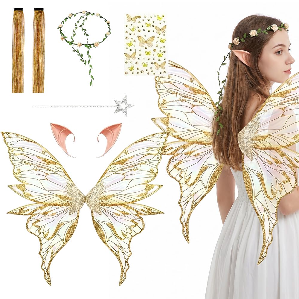 PLLYPE Fairy Wings, Fairy Costume Adults Set with Elf Ears