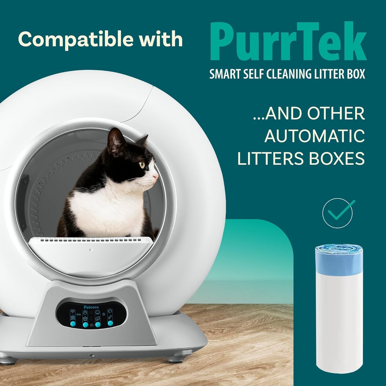 PurrTek Cat Litter Box Liners — LitterWrap Drawstring Bags for Automatic & Self-Cleaning Litter Boxes | Precision Fit, Jumbo Heavy-Duty, Leak-Proof, Unscented Odor Control, Replacement Refills