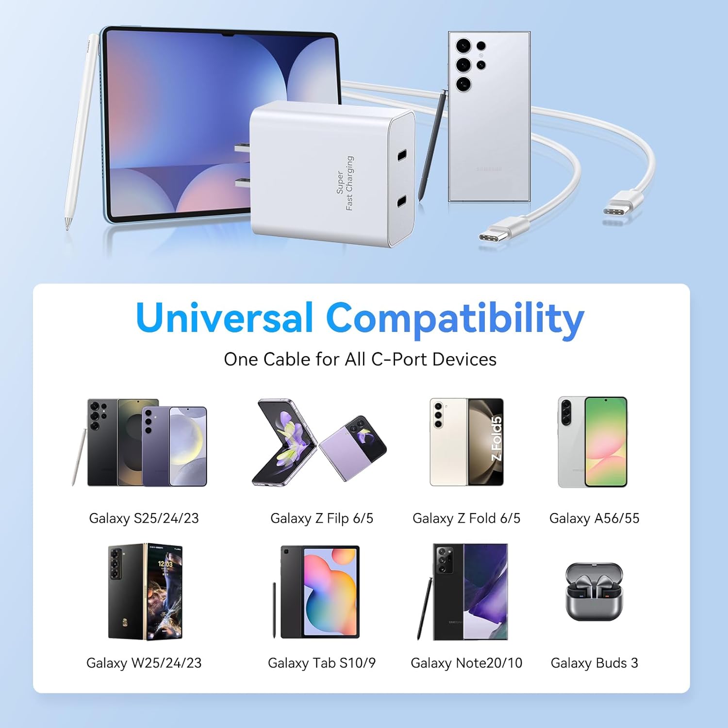 45W Samsung Charger Fast Charging,2Pack Dual Port Super Fast USB C Charger Block,Quick Type C Chargers Adapter 10FT Long USB C Cable for Samsung Galaxy S25 Ultra/S25+/S25/S24/S23/S22/S21/S20/Note20/10