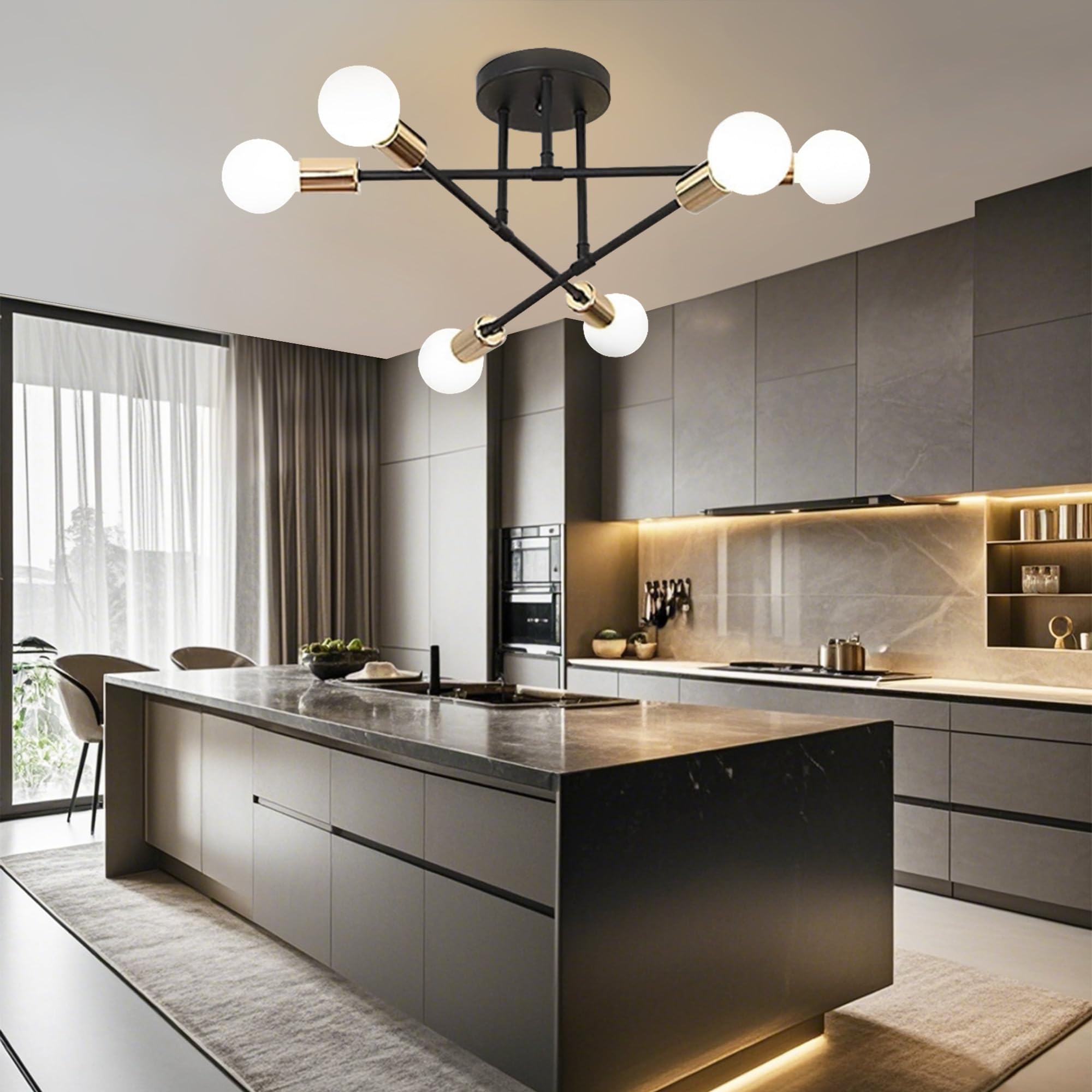 YHTlaeh Lampadario Soffitto Industrial Forma DIY Plafoniera E27 Moderno Lampada da Soffitto in Ferro Vintage per Camera da letto Soggiorno Cucina Corridoio (6T, Nero+Oro)