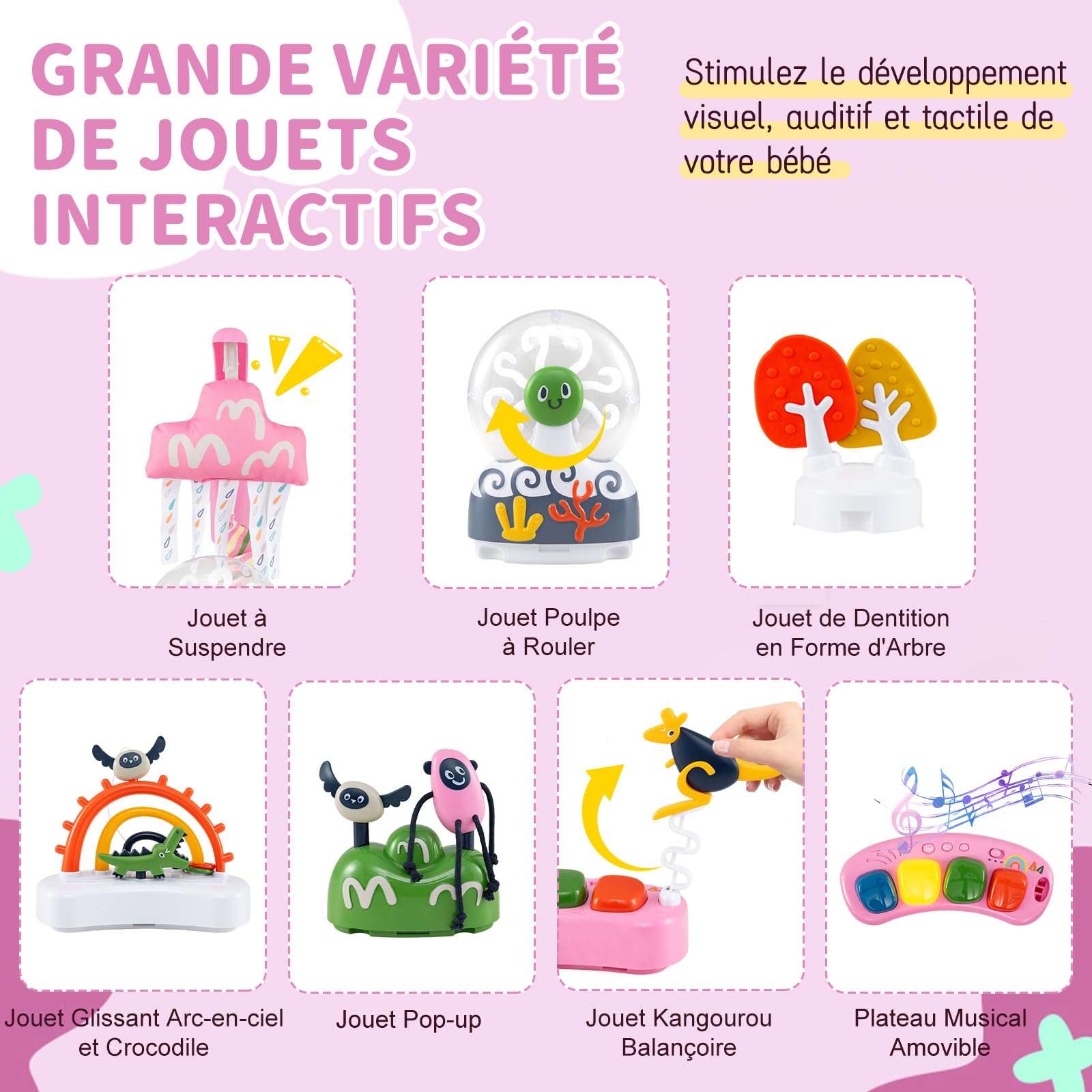 COSTWAY Aire d'éveil à Rebonds Bébé avec 6 Jouets Interactifs et Plateau Musical, Jumperoo Jungle Trotteur Bébé avec Musique et Lumière, 3 Hauteurs Réglables, Siège Rotatif 360° pour 6 Mois+ (Rose)