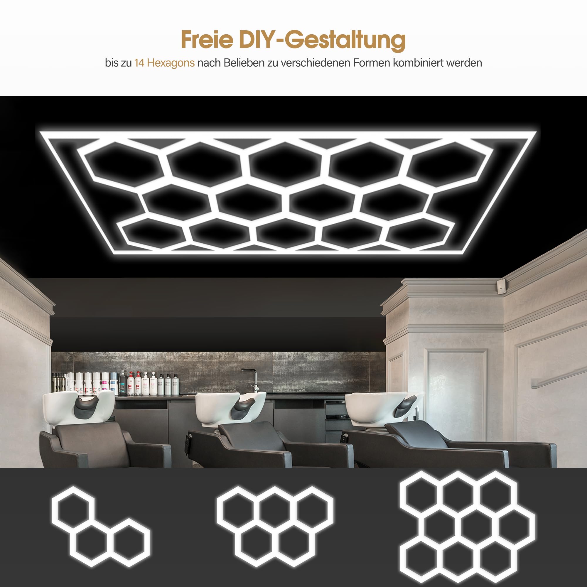 Barberpub Hexagon LED Garage Light, 68970LM 6500K Hexagon LED Beleuchtung für Werkstatt, Friseursalon, 14 Grid, dimmbar (Aluminium)